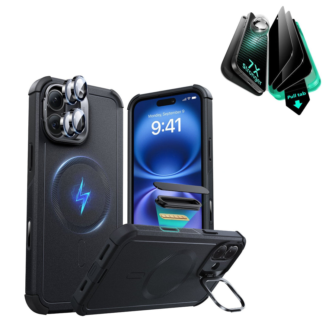 iPhone 16 Plus Cyber Tough Magnetic Case Privacy Protection Bundle (Camera Control, Stash Stand) - Black ESR ESR