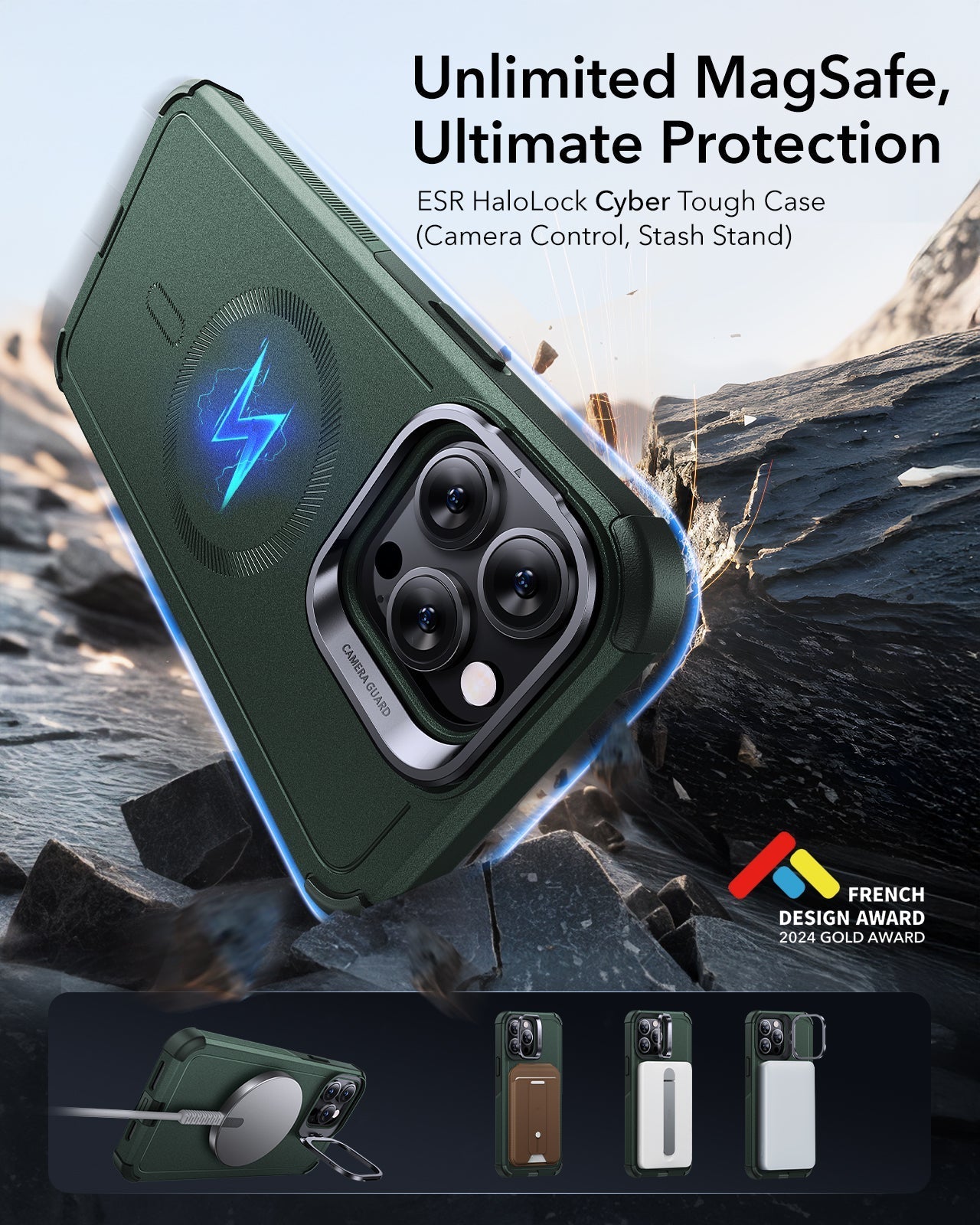 iPhone 13 Pro Max Cyber Tough Magnetic Case (Stash Stand) - Green ESR ESR