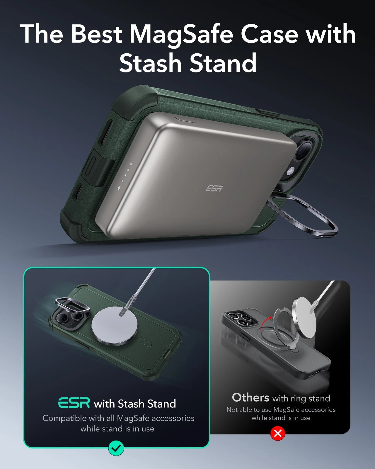 iPhone 14/13 Cyber Tough Magnetic Case (Stash Stand) - Green ESR ESR