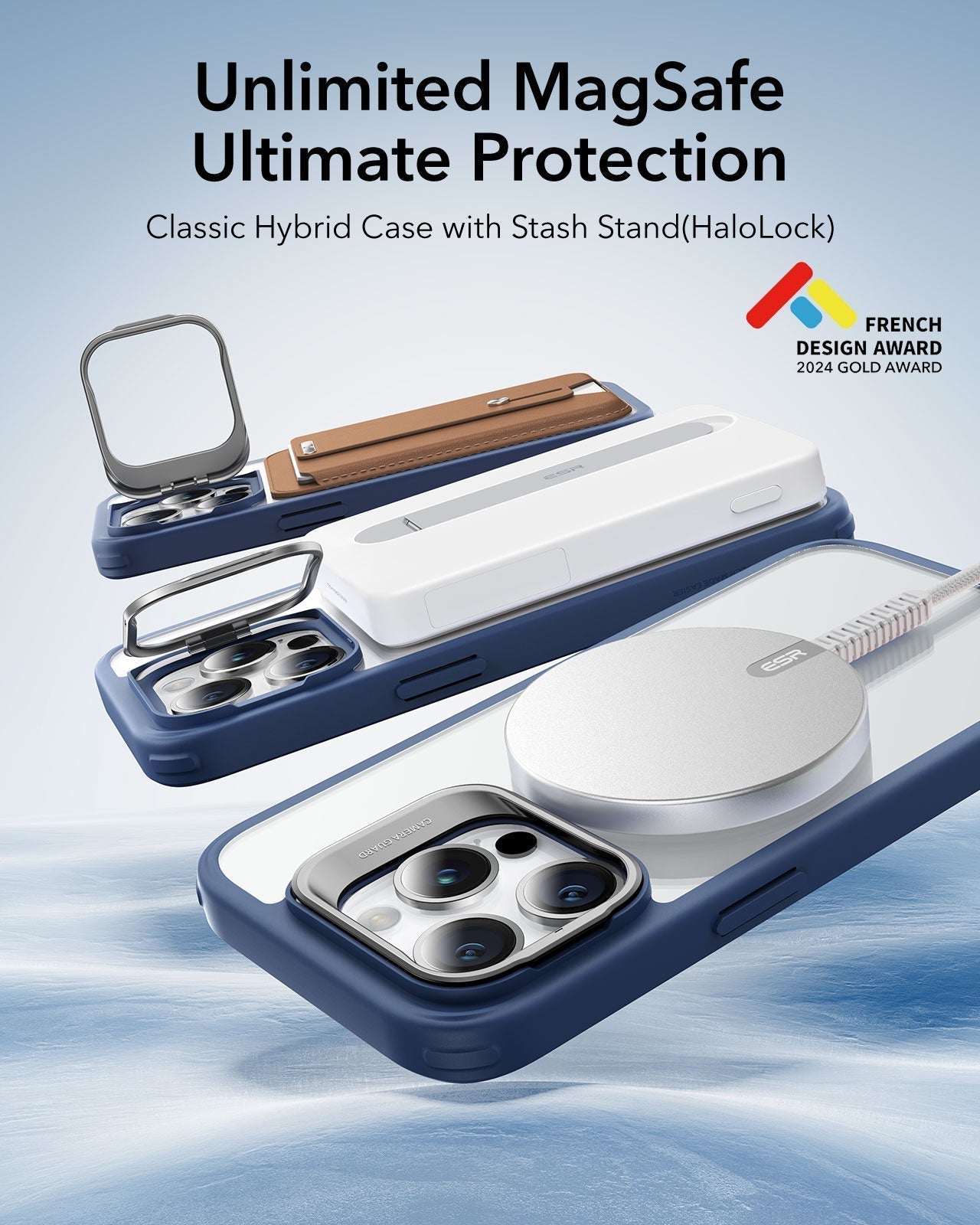 iPhone 14 Pro Classic Hybrid Case with Stash Stand (HaloLock) - Clear Blue ESR ESR