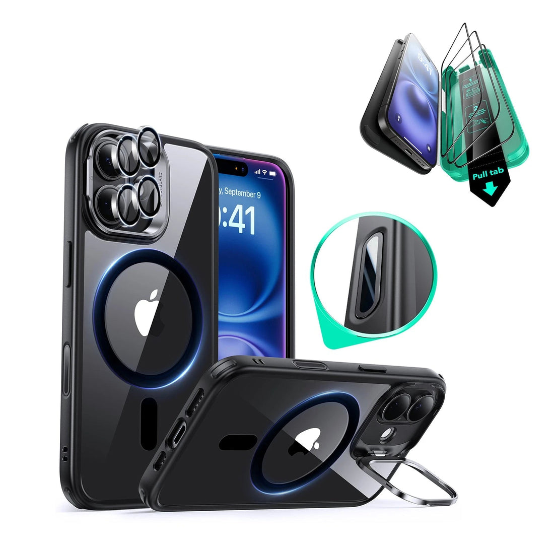 iPhone 16 HaloLock Classic Hybrid Case Protection Bundle (Camera Control, Stash Stand) - Clear Black ESR ESR