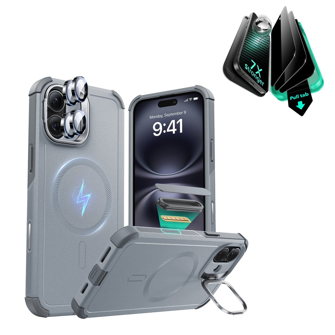 iPhone 16 Plus Cyber Tough Magnetic Case Privacy Protection Bundle (Camera Control, Stash Stand) - Light Grey ESR ESR
