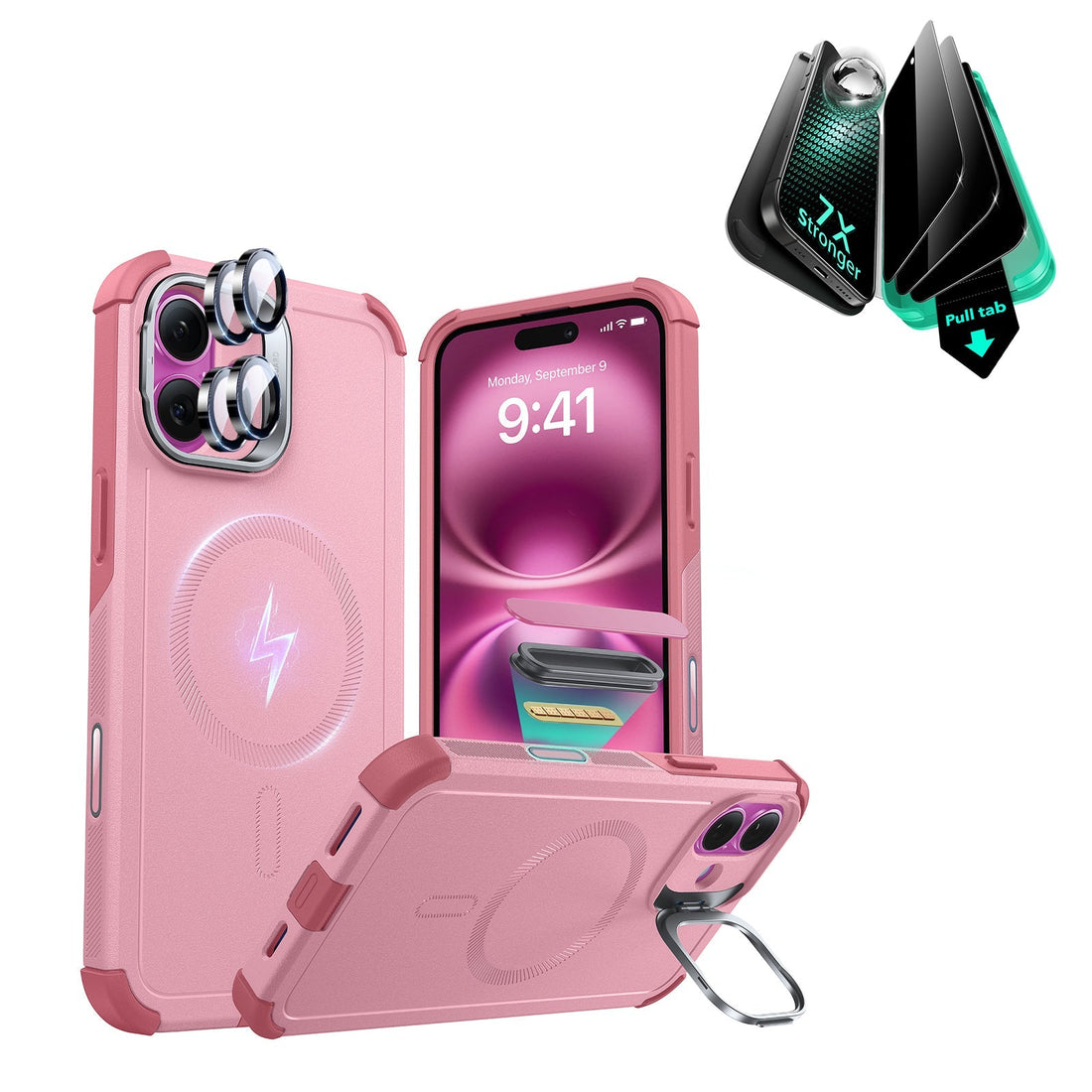 iPhone 16 Plus Cyber Tough Magnetic Case Privacy Protection Bundle (Camera Control, Stash Stand) - Pink ESR ESR