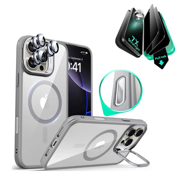 iPhone 16 Pro Classic Hybrid Magnetic Case (Camera Control, Stash Stand) & Privacy Screen Protector Bundle - Clear Grey ESR ESR