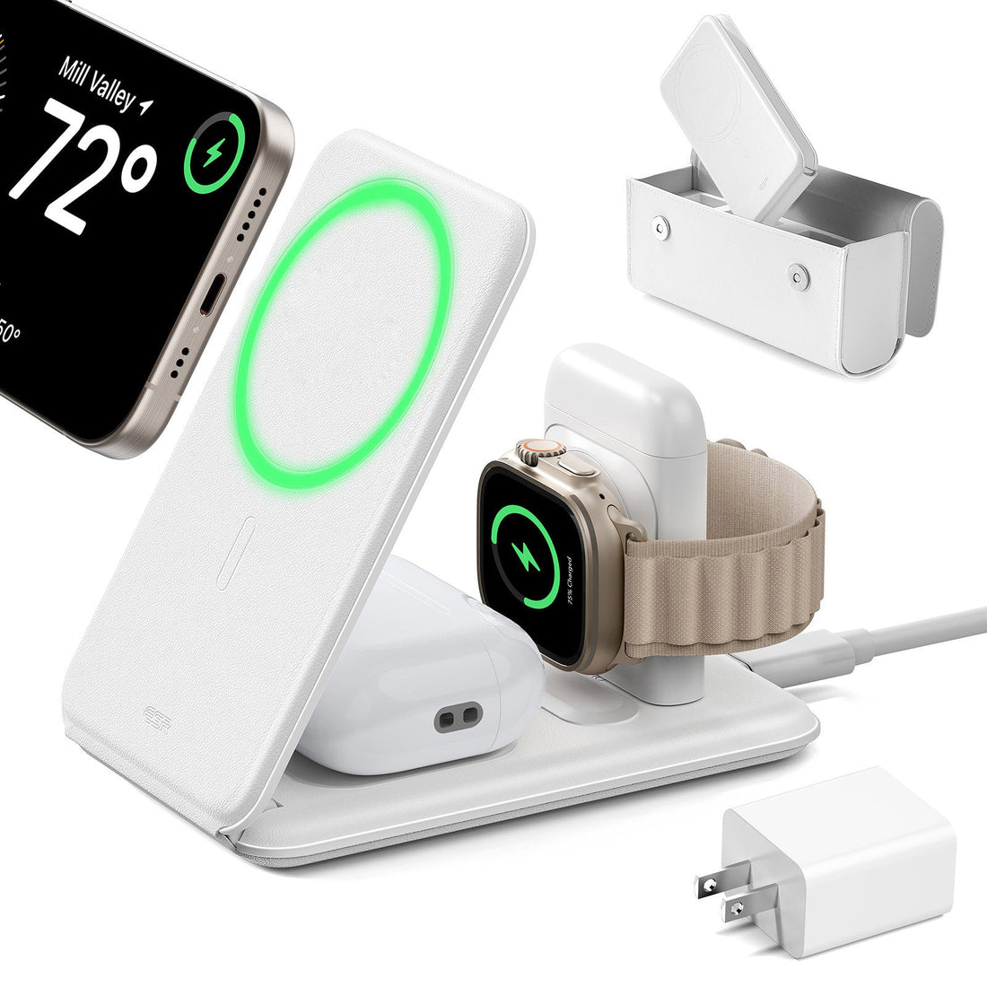 15W 3-in-1 Travel Wireless Charging Set (Bag Included) - White - US Plug ESR ESR