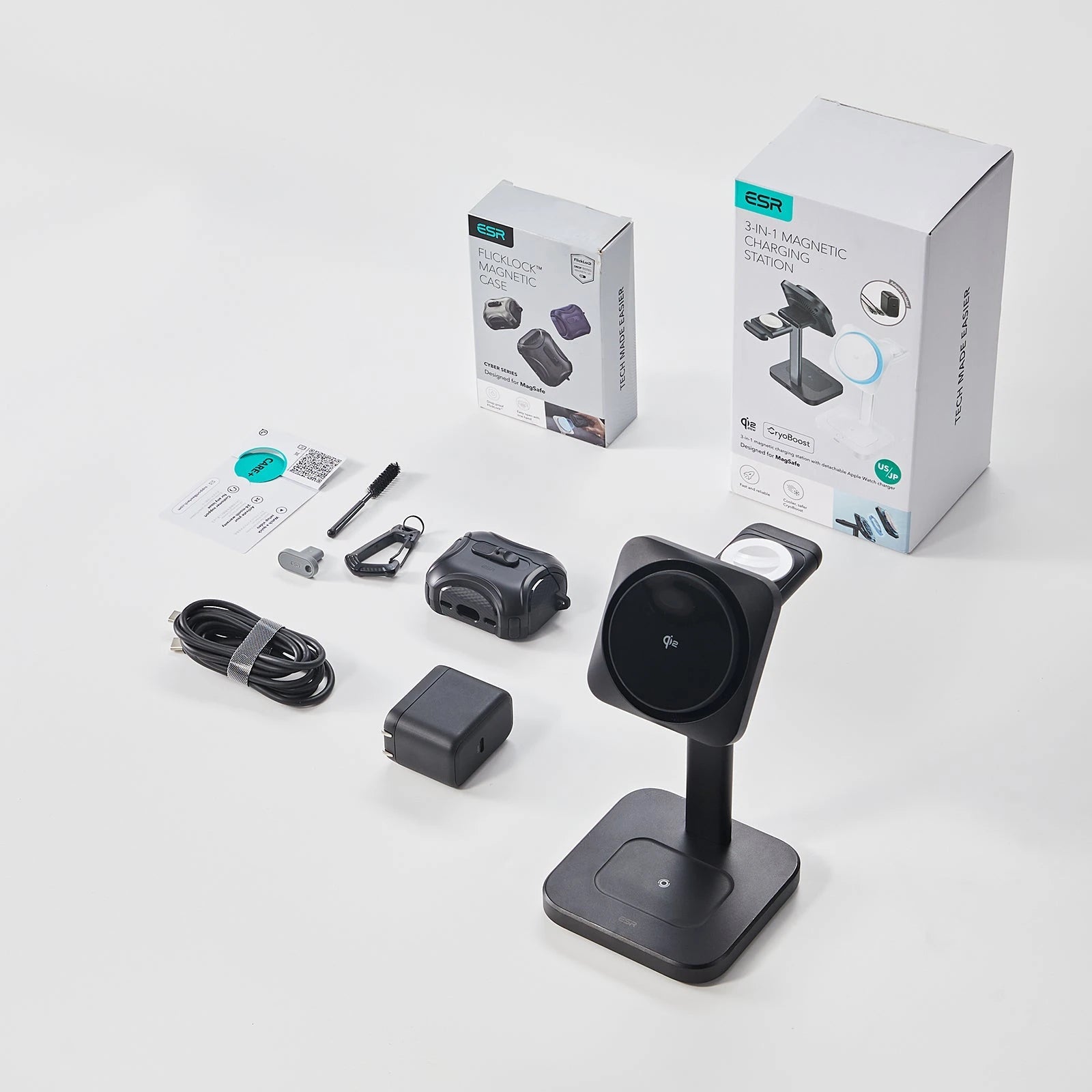 15W 3-in-1 Wireless Charging Station with CryoBoost (HaloLock) & AirPods Pro 3 Cyber FlickLock Case Bundle - Black - US Plug