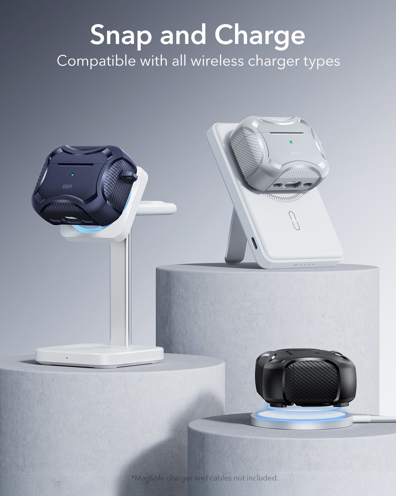 15W 3-in-1 Wireless Charging Station with CryoBoost (HaloLock) and AirPods Pro 3 Cyber Tough Case Bundle - Black - US Plug ESR ESR