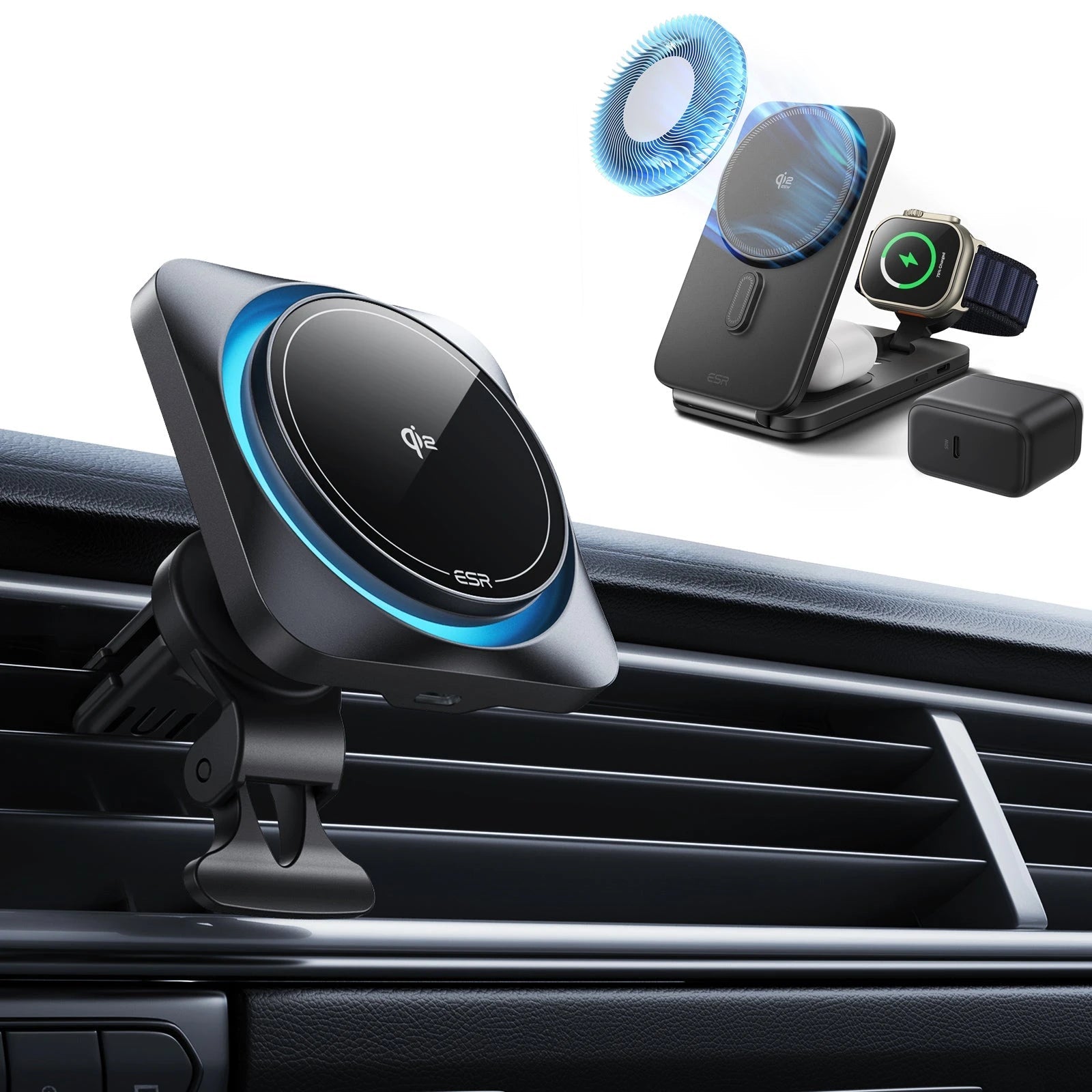 15W CryoBoost Car Charger and 25W Foldable 3-in-1 Charger Bundle - US Plug–Black