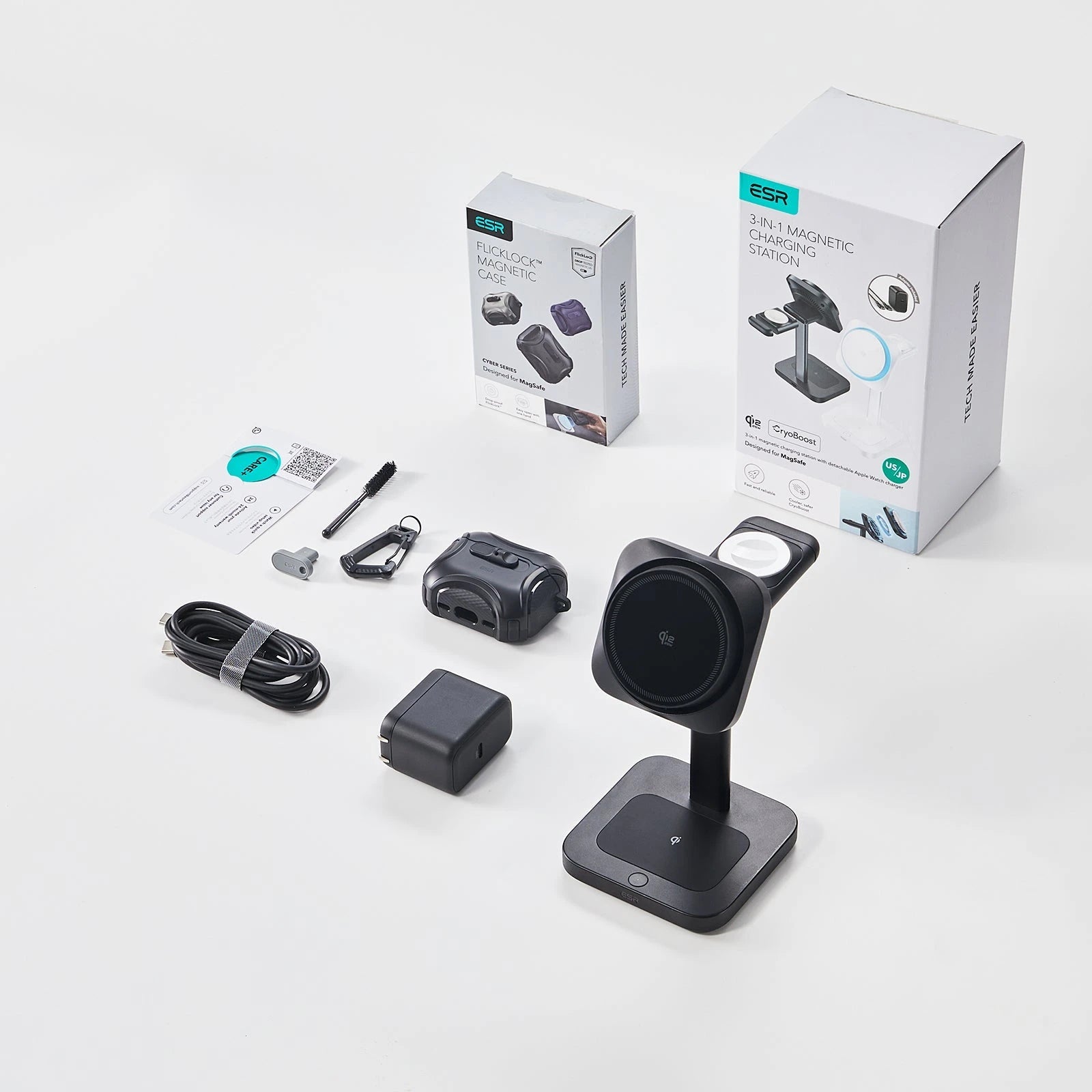 25W CryoBoost 3-in-1 Magnetic Charger (Qi2) and AirPods Pro 3 Cyber FlickLock Case Bundle - US Plug–Black