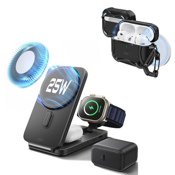 25W CryoBoost Foldable 3-in-1 Magnetic Charger & AirPods Pro 3 Cyber Tough Case Bundle – US Plug-Black