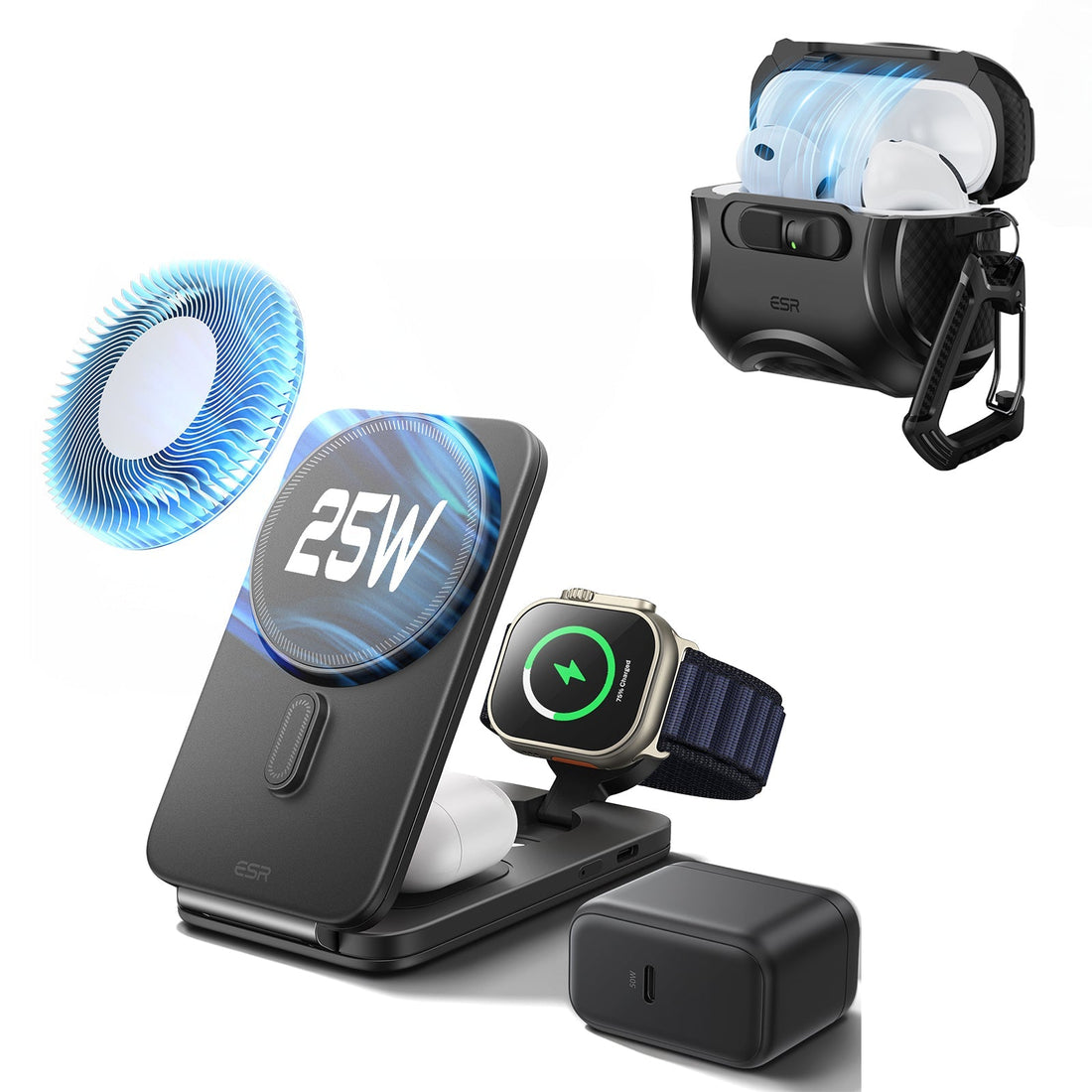 25W CryoBoost Foldable 3-in-1 Magnetic Charger and AirPods Pro 3 Cyber FlickLock Case Bundle– US Plug-Black ESR ESR