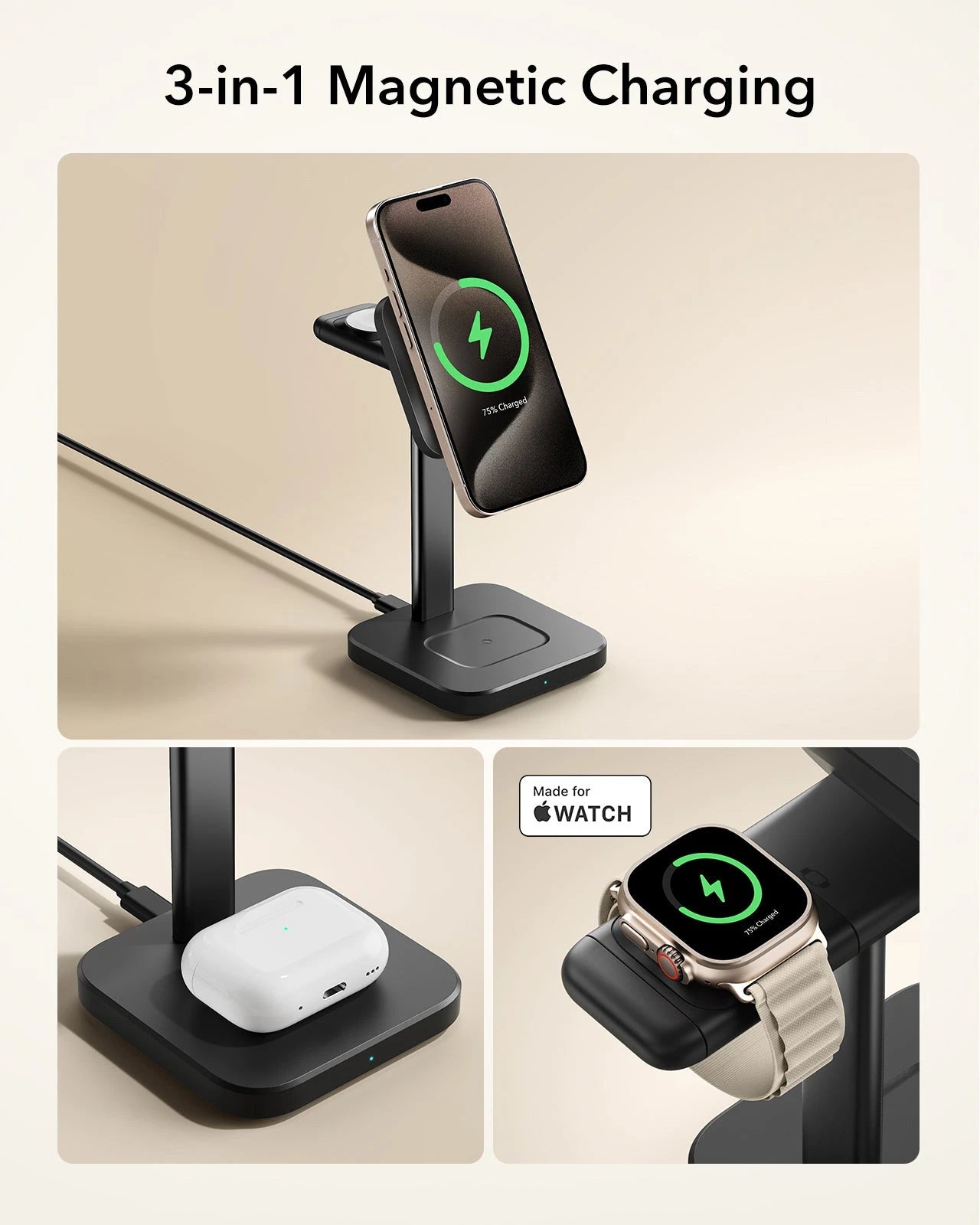 3-in-1 Magnetic Charging Station (15W)- Black - JP PLUG ESR ESR