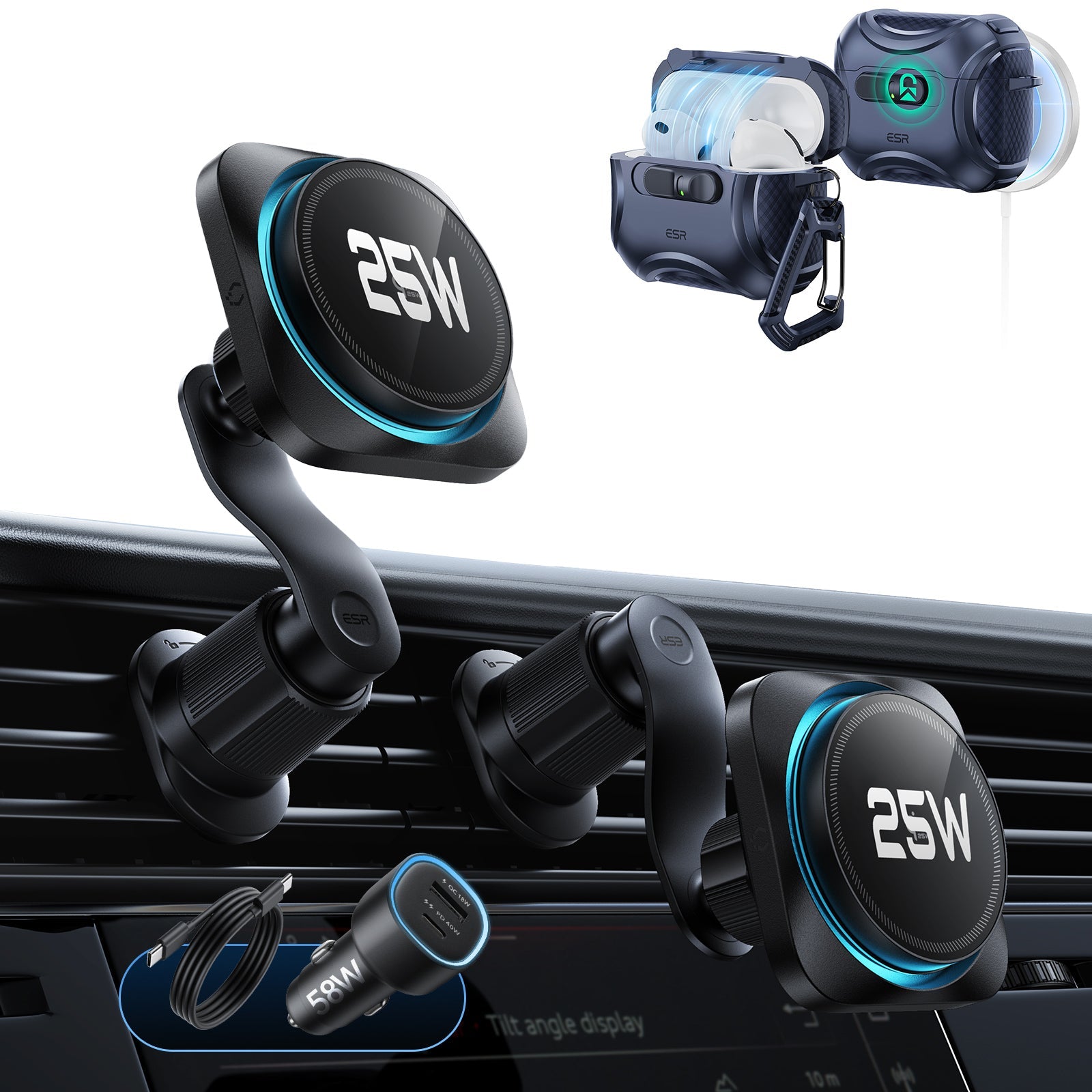 25W CryoBoost Magnetic Car Charger and AirPods Pro 3 FlickLock Case Bundle - Black&Blue