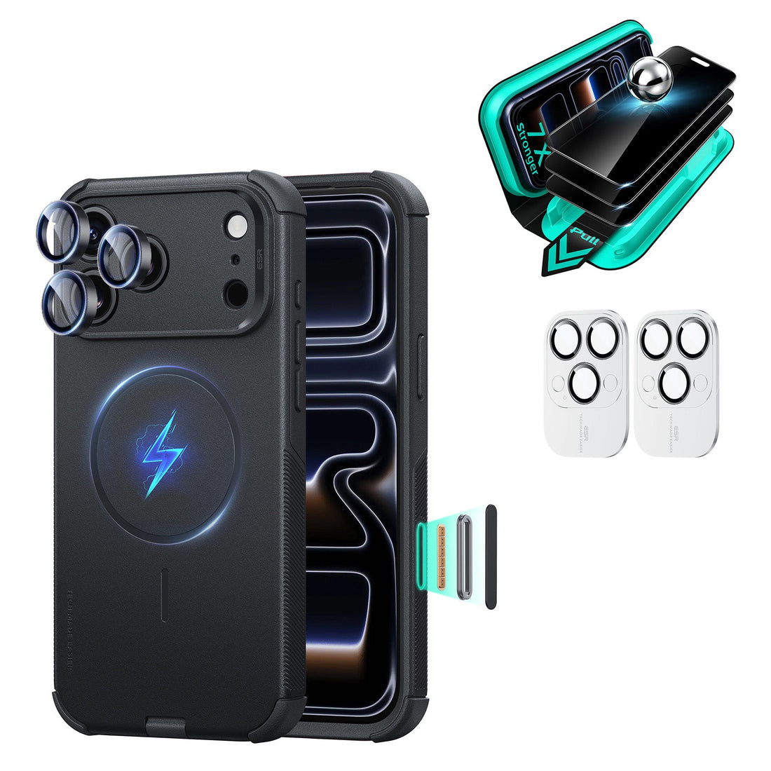 Black iPhone 18 Pro Max Cyber Tough Magsafe Case  with armorite tempered glass privacy screen protector and camera lens protector