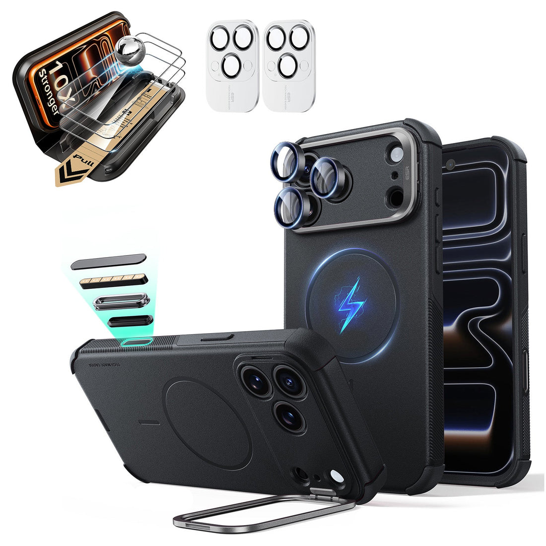Black iPhone 18 Pro Max Cyebr Tough Magsafe Phone Case with Stand pair corning glass  screen protector and camera lens protector