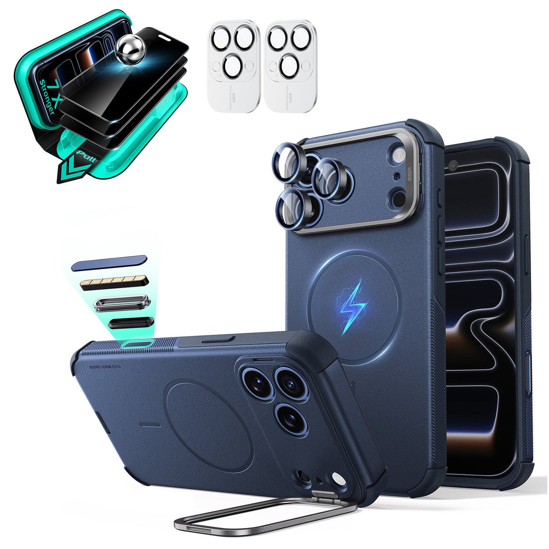 Blue iPhone 18 Pro Max Cyebr Tough Magsafe Phone Case with Stand pair tempered glass privacy screen protector and camera lens protector