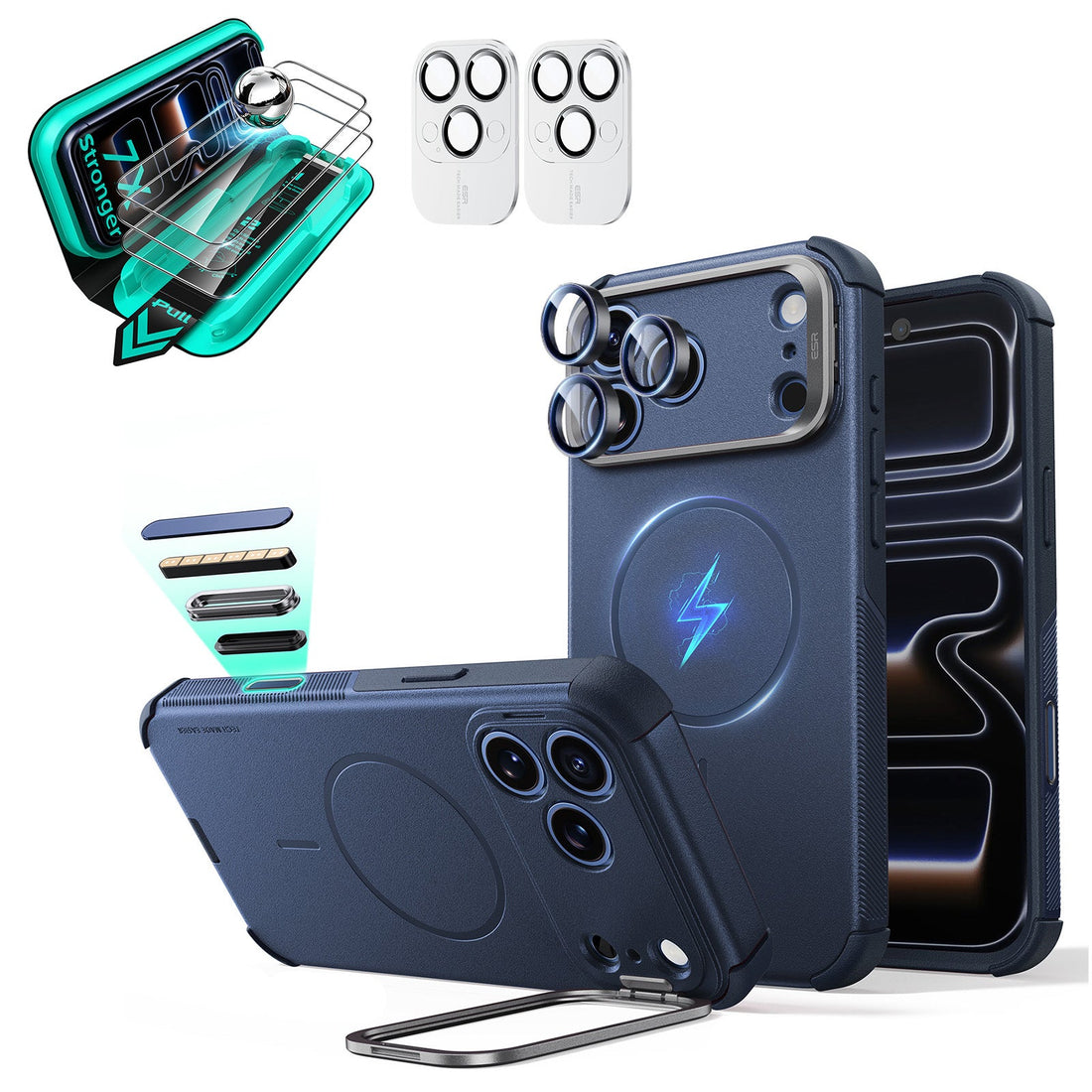 Blue iPhone 18 Pro Max Cyebr Tough Magsafe Phone Case with Stand pair tempered glass screen protector and camera lens protector