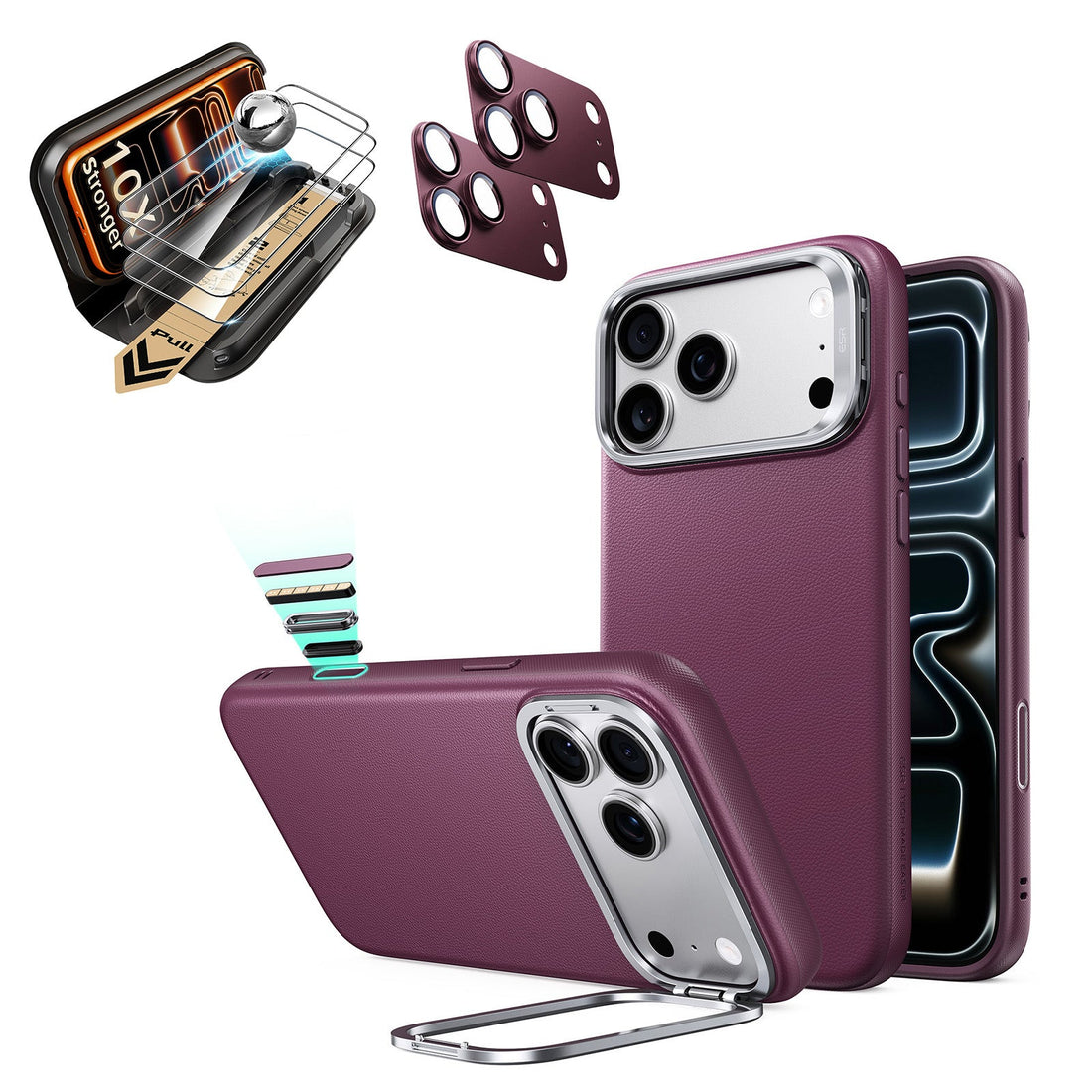 Burgundy Vegan Leather iPhone 18 Pro Max Magsafe Phone Case with Stand pair corning glass  screen protector and camera lens protector
