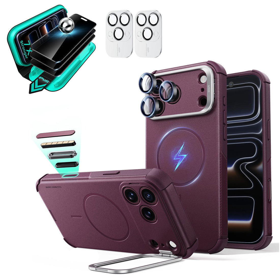 Burgundy iPhone 18 Pro Cyebr Tough Magsafe Phone Case with Stand pair tempered glass privacy screen protector and camera lens protector