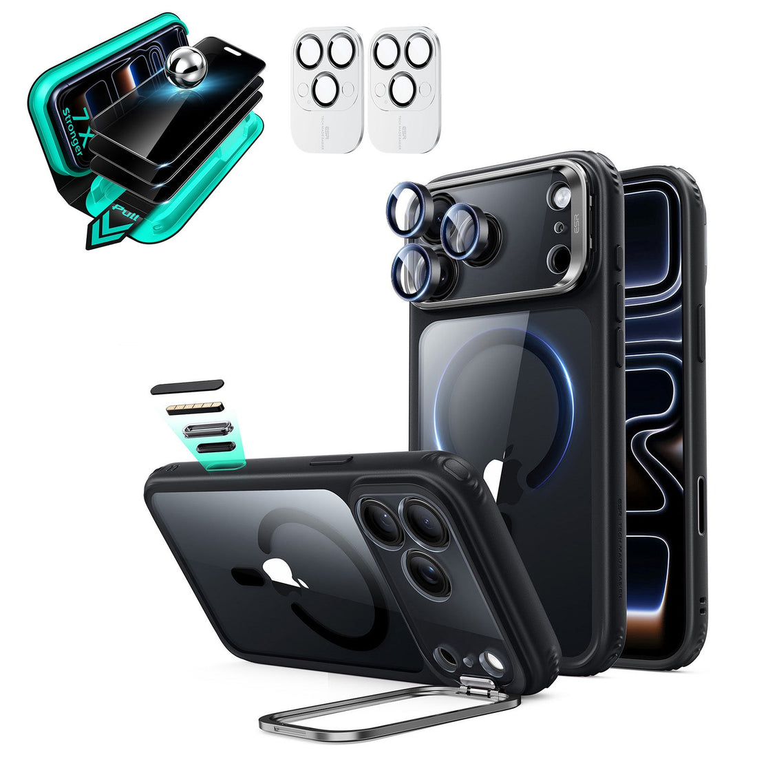 Clear Black iPhone 18 Pro Magsafe Slim Phone Case with Stand pair tempered glass privacy screen protector and camera lens protector