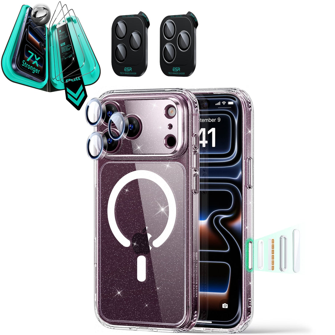 Clear Shimmer iPhone 18 Pro Magsafe Slim Phone Case with armorite tempered glass screen protector and camera lens protector