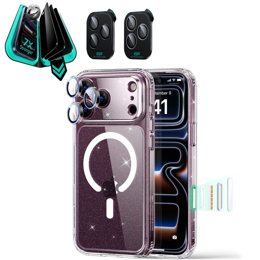 Clear Shimmer iPhone 18 Pro Max Magsafe Slim Phone Case with armorite tempered glass privacy screen protector and camera lens protector