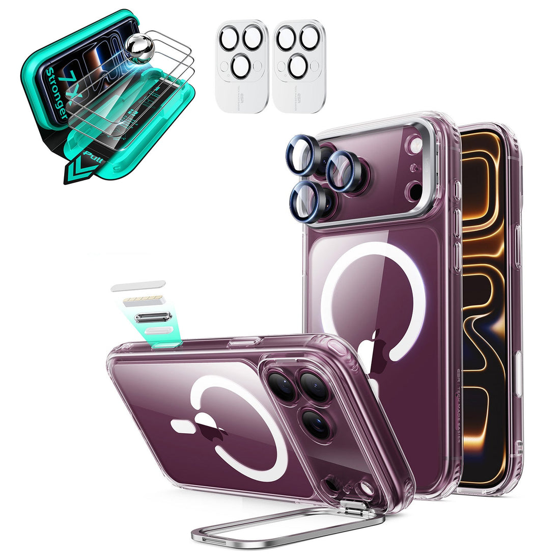 Clear iPhone 18 Pro Max Magsafe Slim Phone Case with Stand pair tempered glass screen protector and camera lens protector
