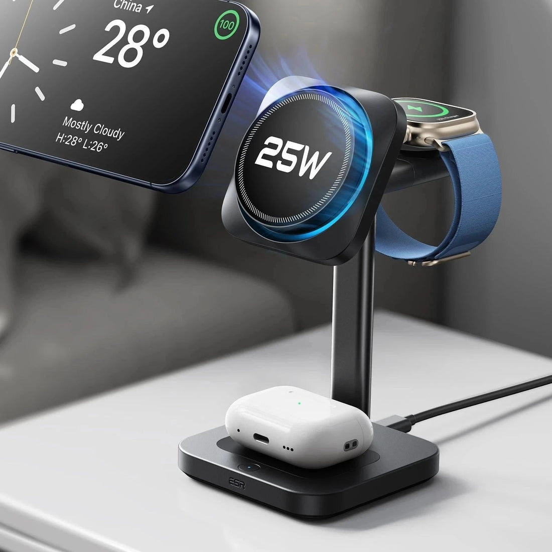 CryoBoost 3-in-1 Magnetic Charging Station (25W, Qi2.2)  - US Plug–Black ESR ESR