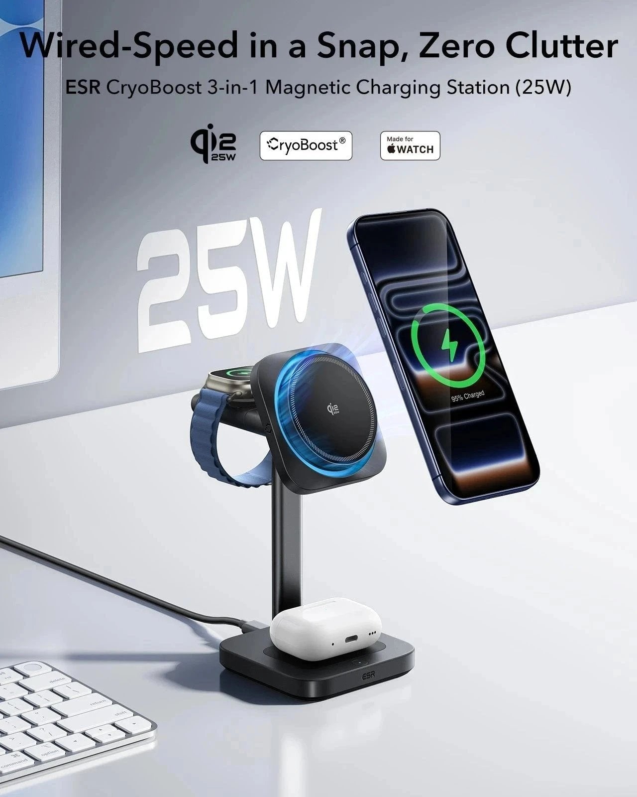 CryoBoost 3-in-1 Magnetic Charging Station (25W, Qi2.2)  - US Plug–Black ESR ESR
