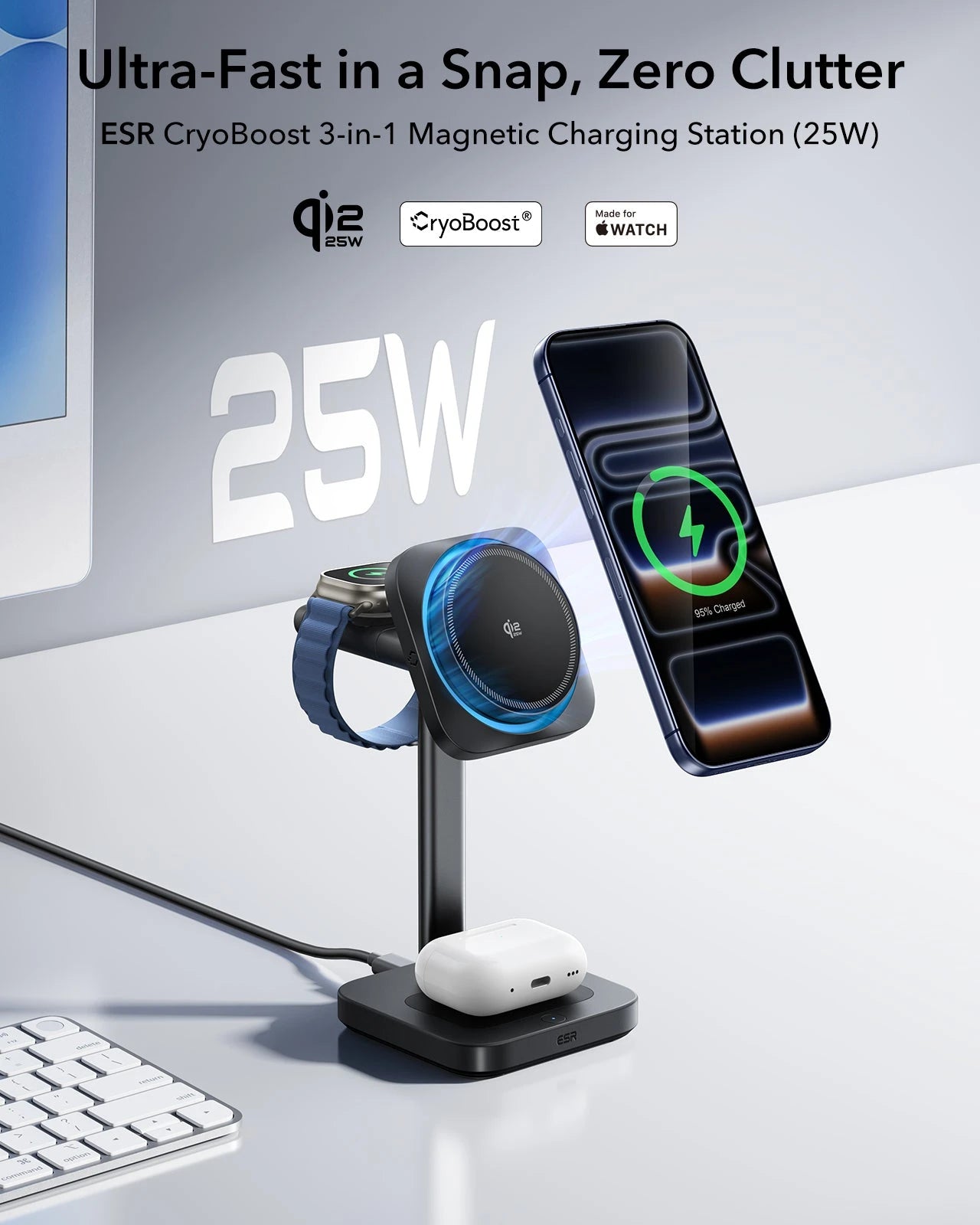 CryoBoost 3-in-1 Magnetic Charging Station (25W, Qi2.2)  - JP Plug–White ESR ESR