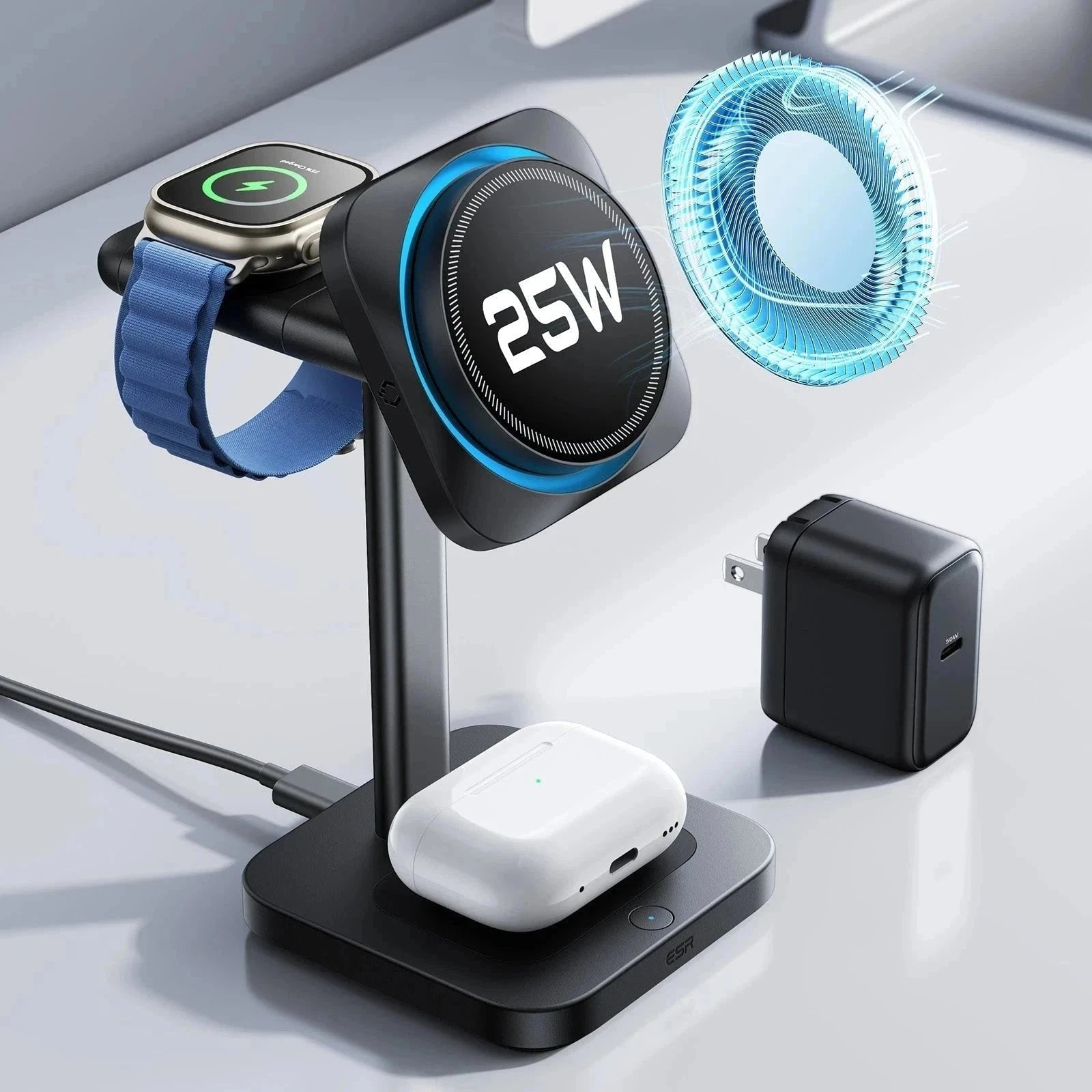CryoBoost 3-in-1 Magnetic Charging Station (25W, Qi2.2)  - US Plug–Black ESR ESR