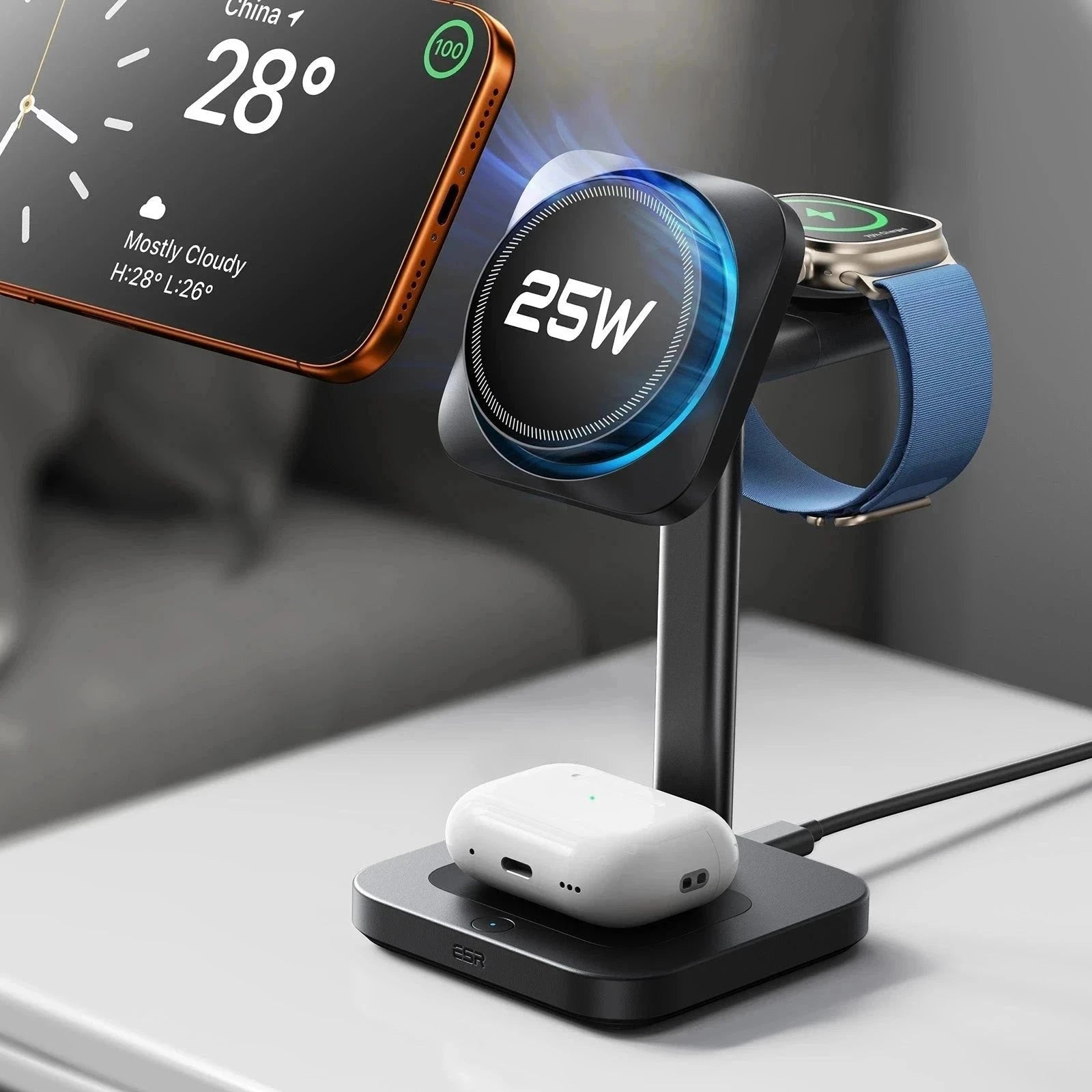 CryoBoost 3-in-1 Magnetic Charging Station (25W, Qi2.2)  - US Plug–Black ESR ESR