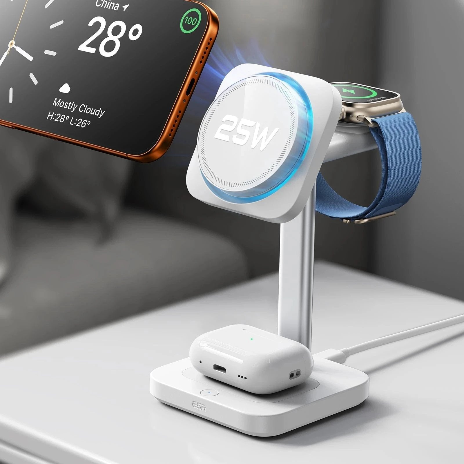 CryoBoost 3-in-1 Magnetic Charging Station (25W, Qi2.2)  - JP Plug–White ESR ESR