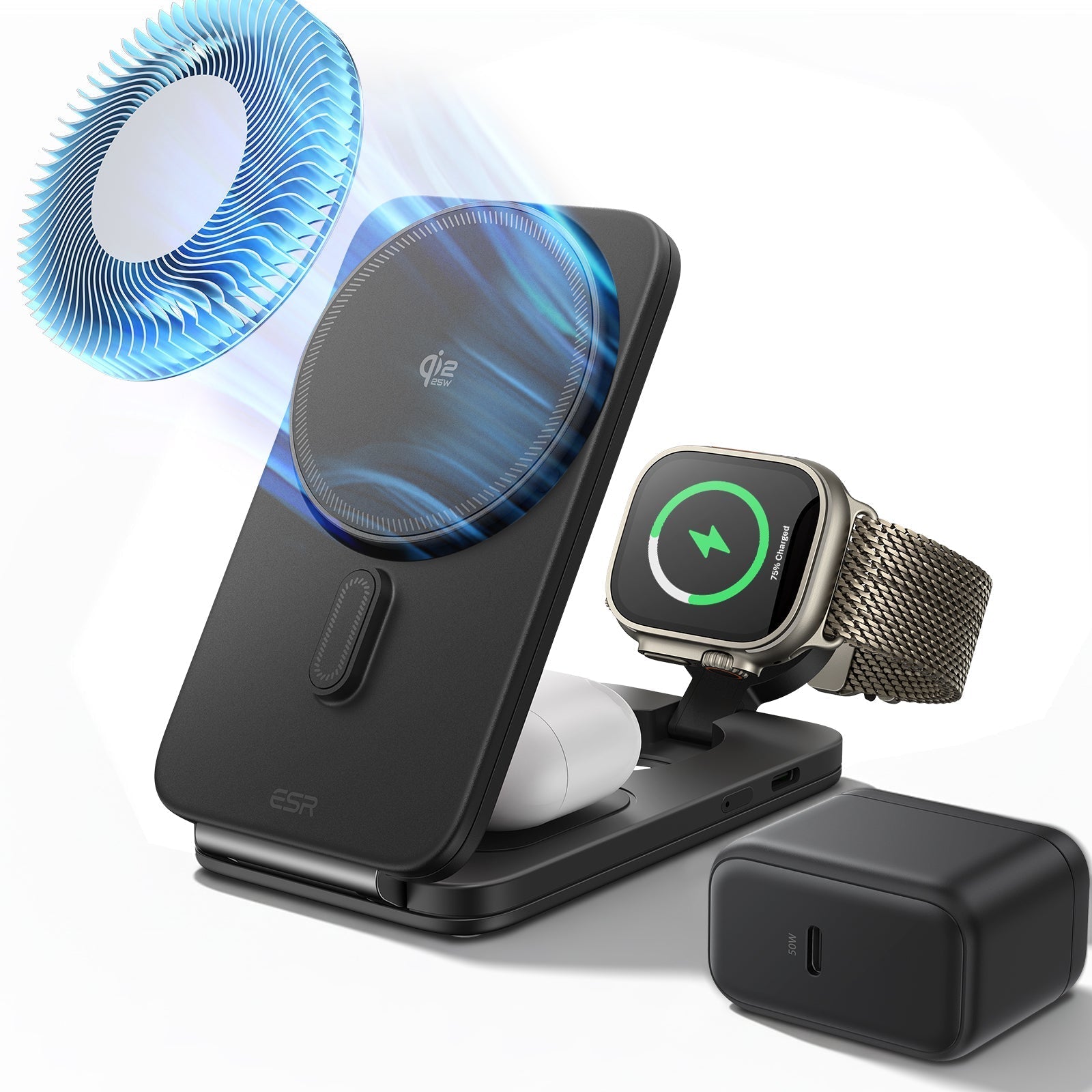 CryoBoost Foldable 3-in-1 Magnetic Travel Charger Station  (25W) – US Plug-Black ESR