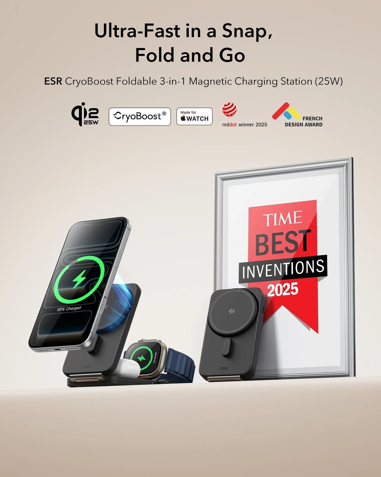CryoBoost Foldable 3-in-1 Magnetic Charging Station  (25W) – US Plug-Black ESR ESR