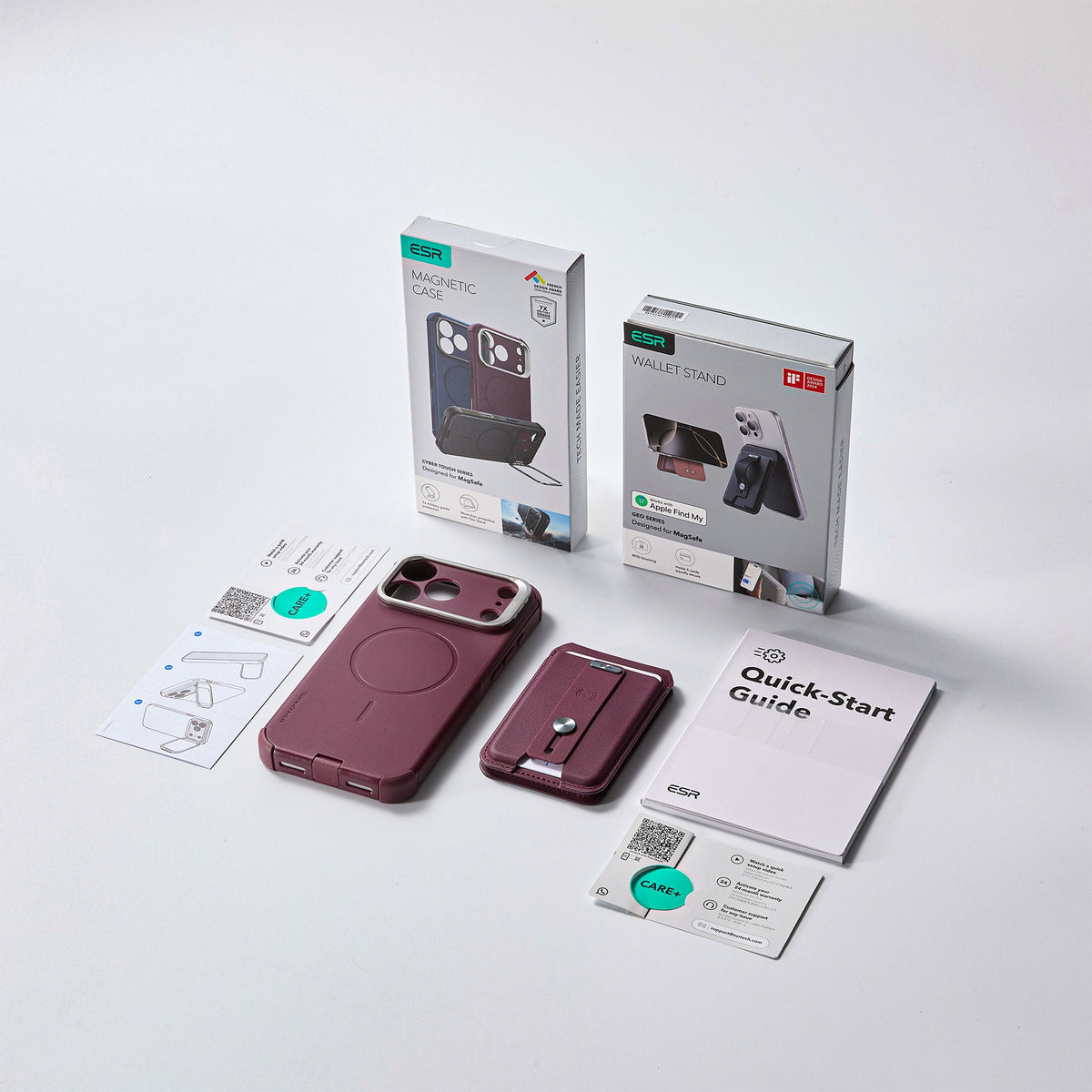 Cyber Tough Magnetic Case with Camera Control and Flex Stand, Plus Geo Wallet Stand Bundle - Deep Burgundy
