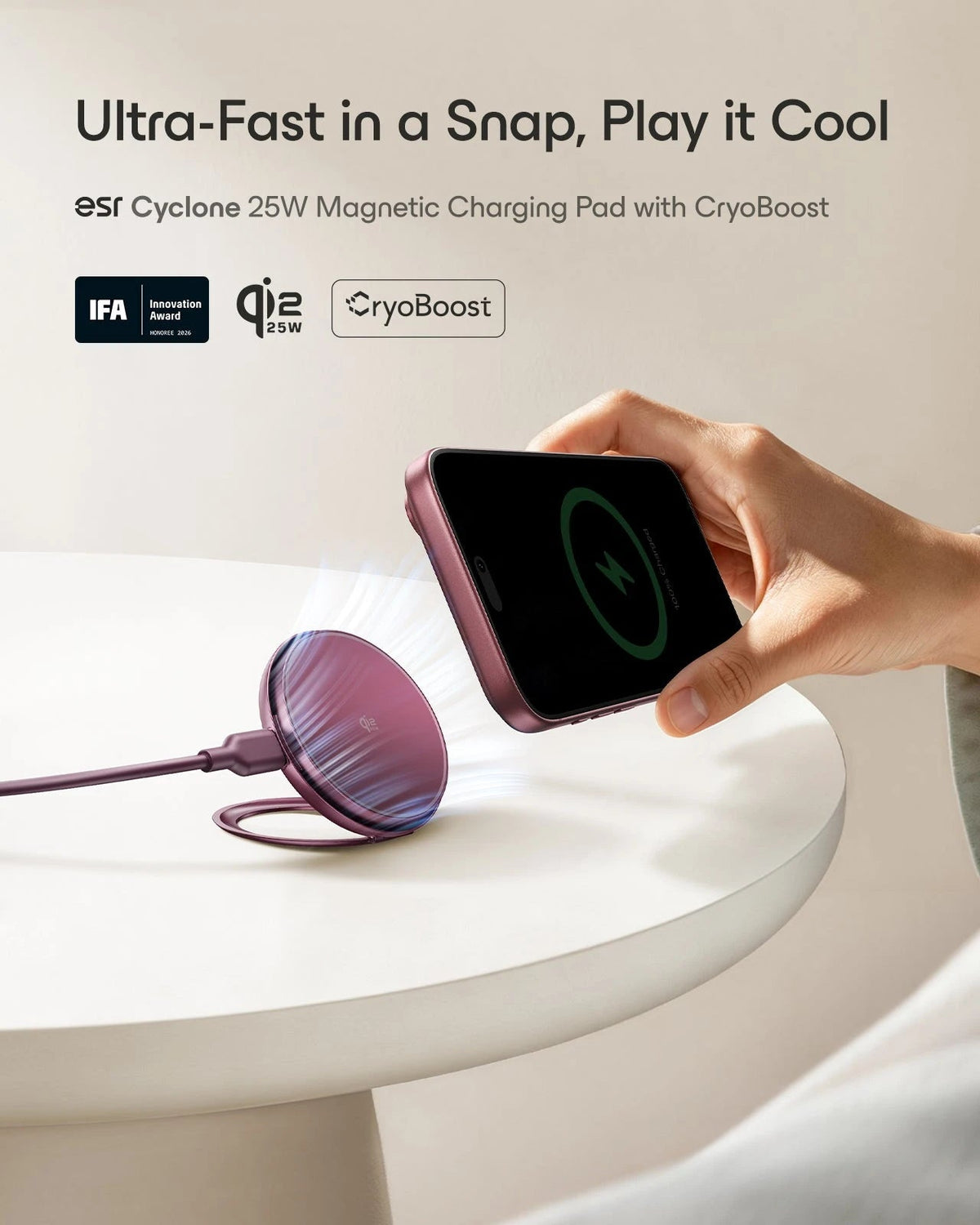 Cyclone 25W Magnetic Charging Pad with CryoBoost - Burgundy - 1 Set ESR ESR