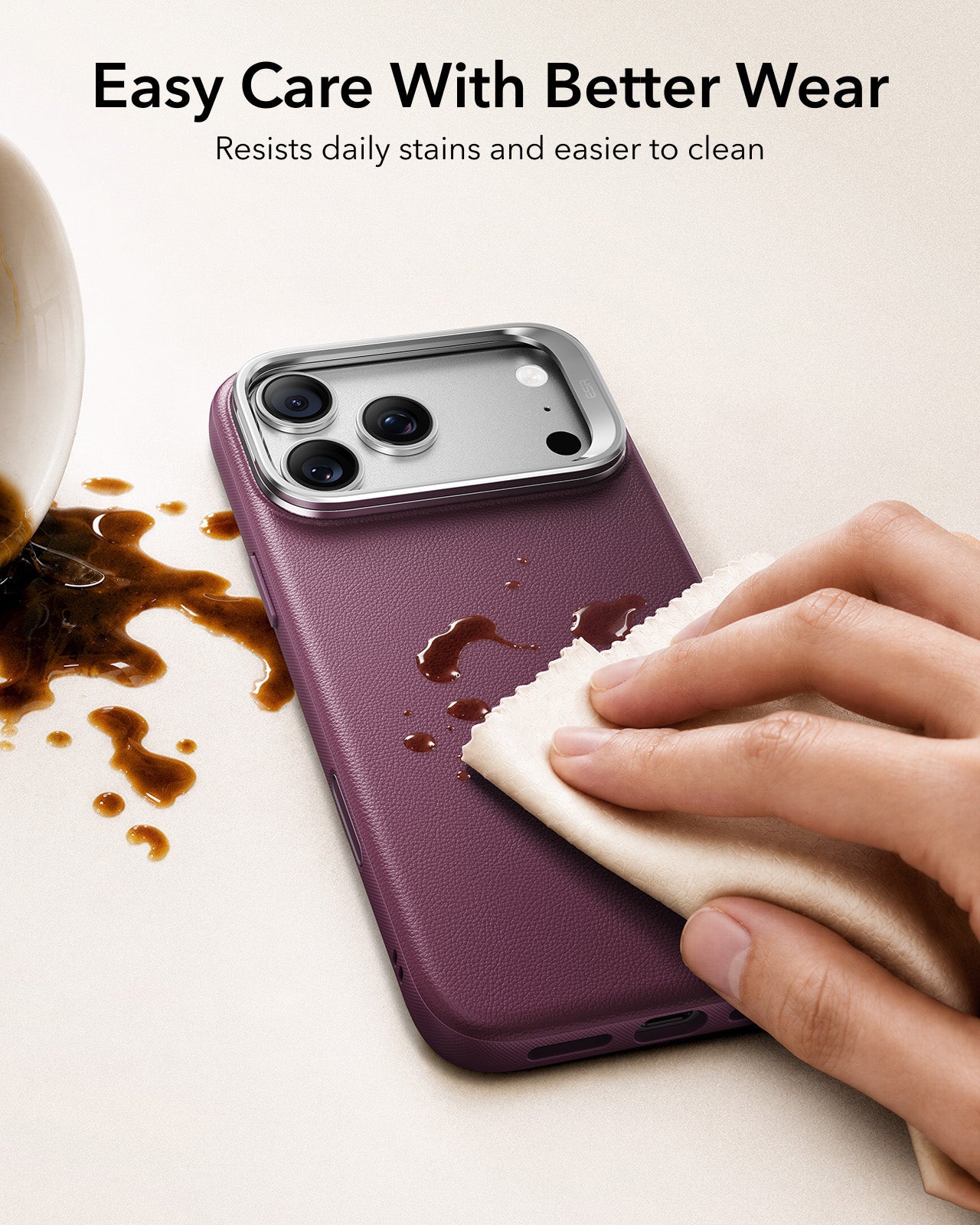 ESR Deep Burgundy Leather iPhone 18 Pro Max Magsafe Case with Stand Easy Care With Better Wear