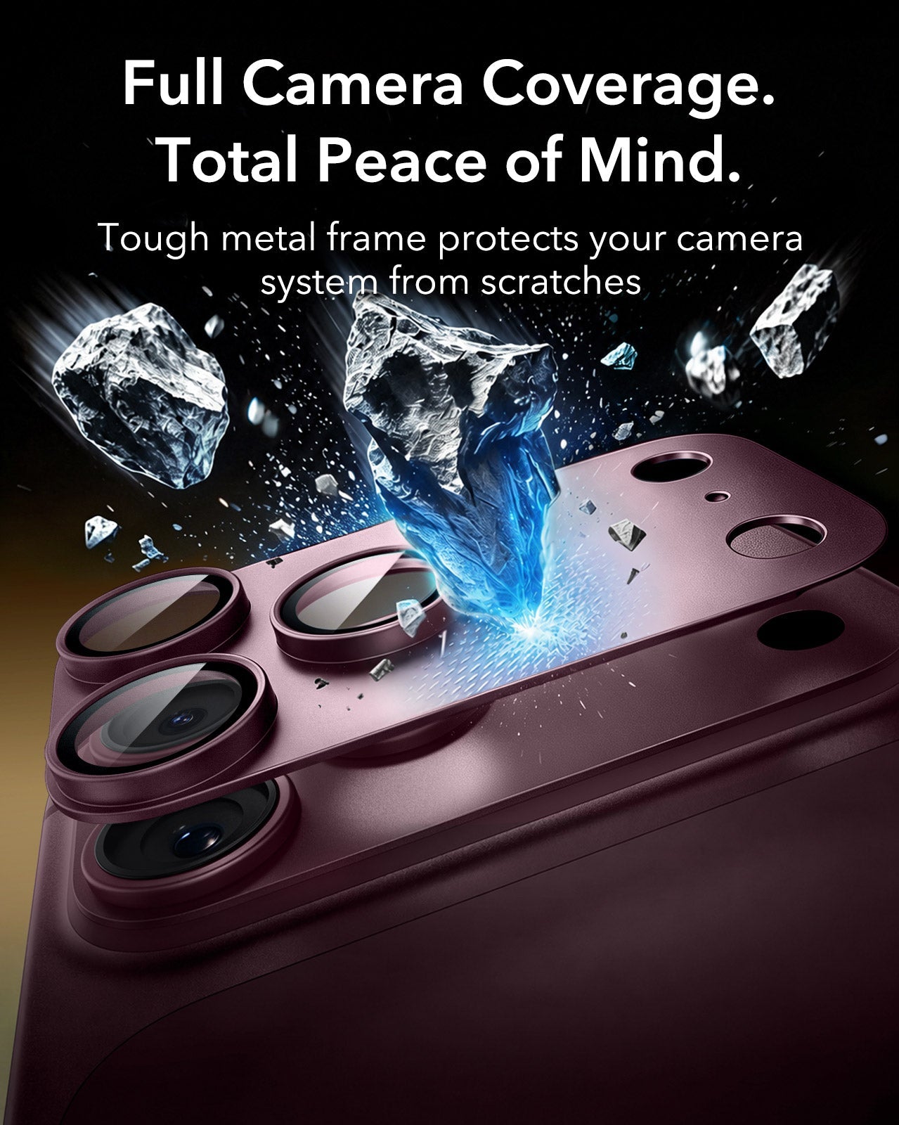 ESR Deep Burgundy iPhone 18 Pro Corning Glass Camera Lens Protector Tough metal frame protects your camera system from scratches