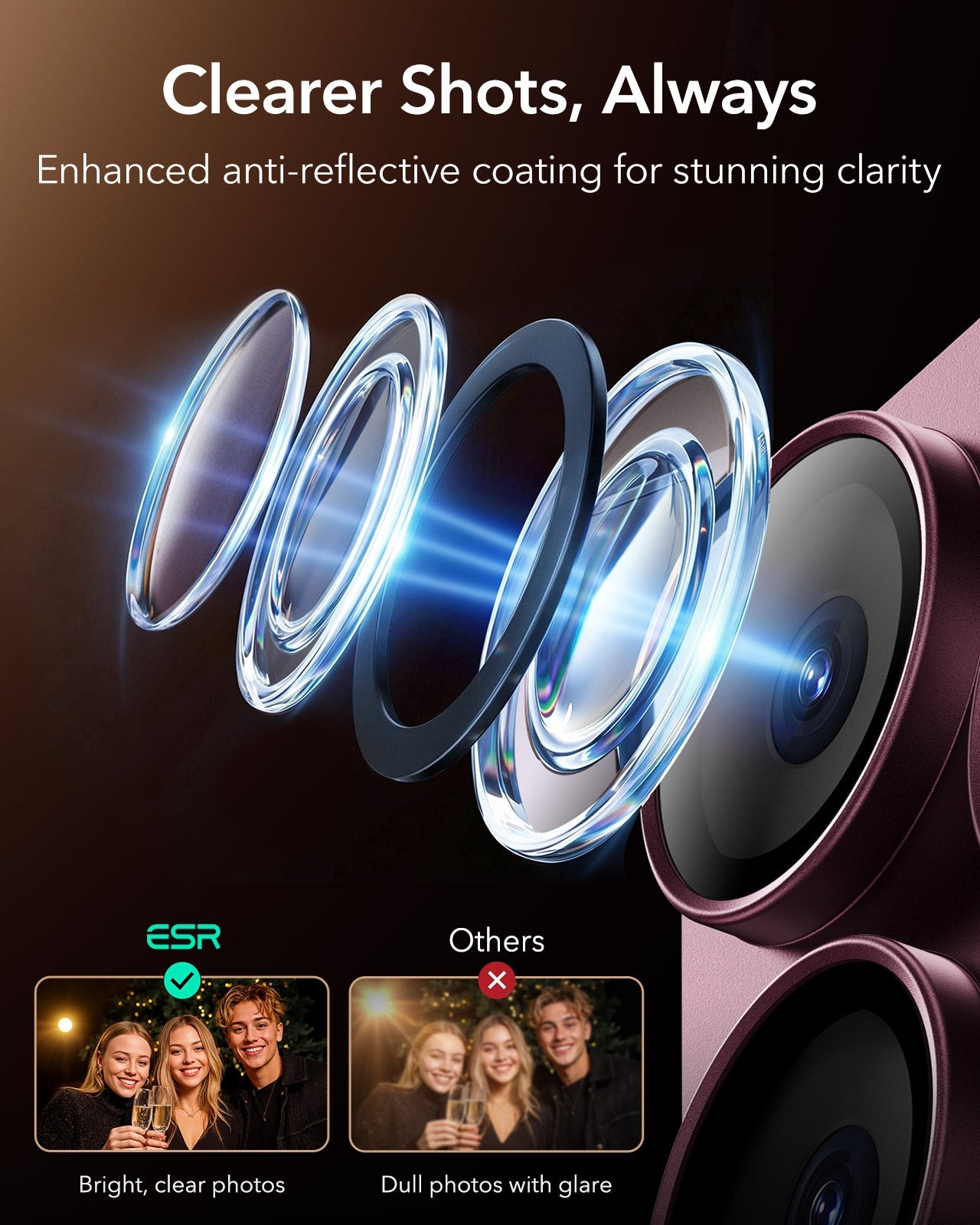 ESR Deep Burgundy iPhone 18 Pro Corning Glass Camera Lens Protector Clearer Shots, Always