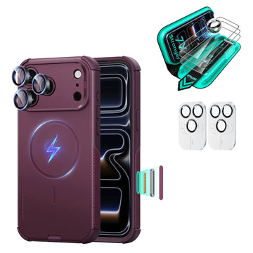 Deep Burgundy iPhone 18 Pro Cyber Tough Magsafe Case  with armorite tempered glass screen protector and camera lens protector