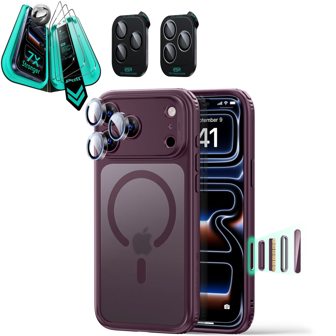 Frosted Burgundy iPhone 18 Pro Magsafe Slim Phone Case with armorite tempered glass screen protector and camera lens protector