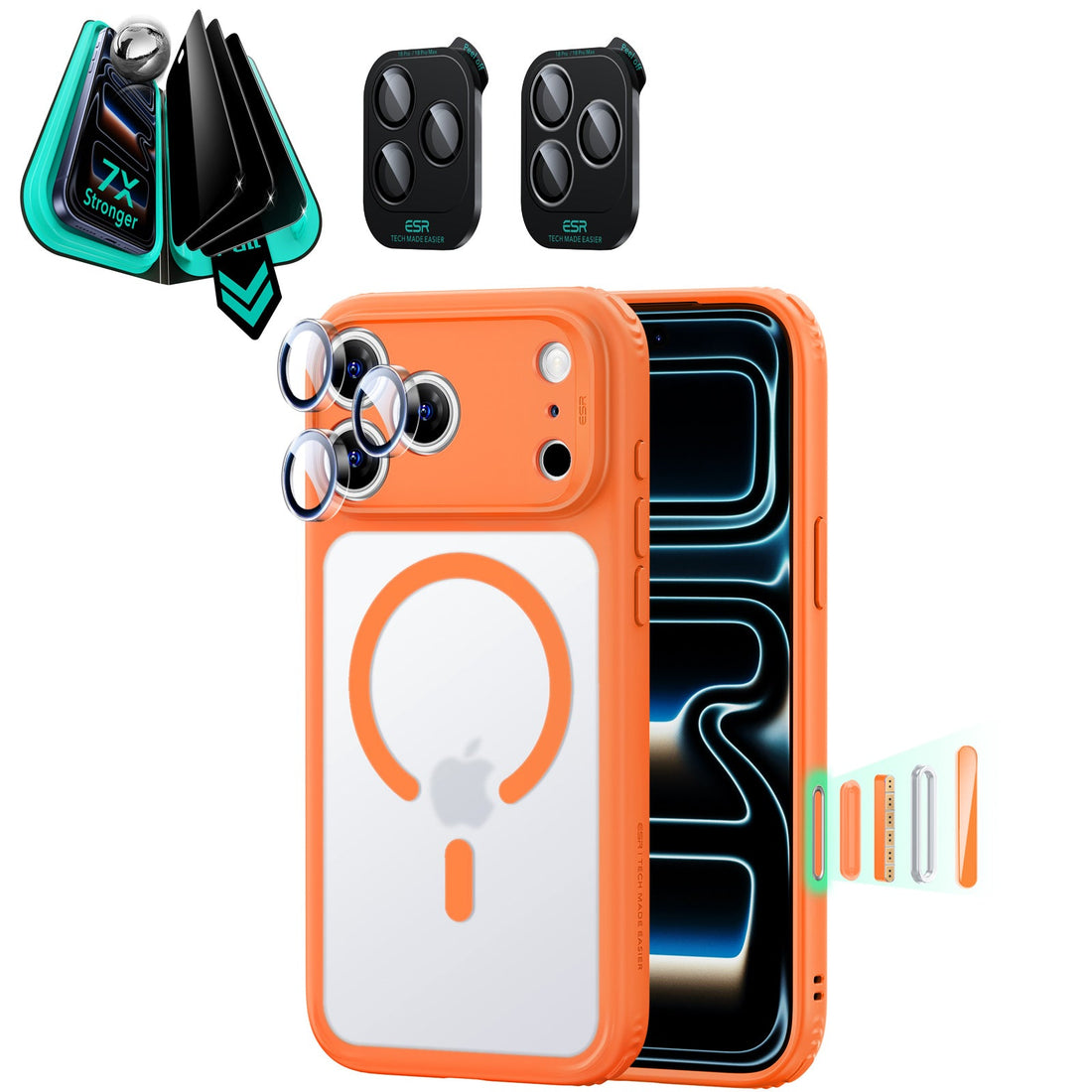 ESR Frosted Orange iPhone 18 Pro Magsafe Slim Phone Case with armorite tempered glass privacy screen protector and camera lens protector