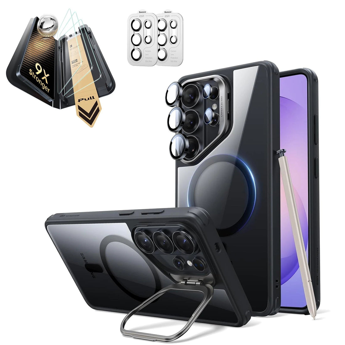 Galaxy S26 Ultra Classic Hybrid Magsafe Case with Stand and Corning Glass Screen Protector Set Clear Black