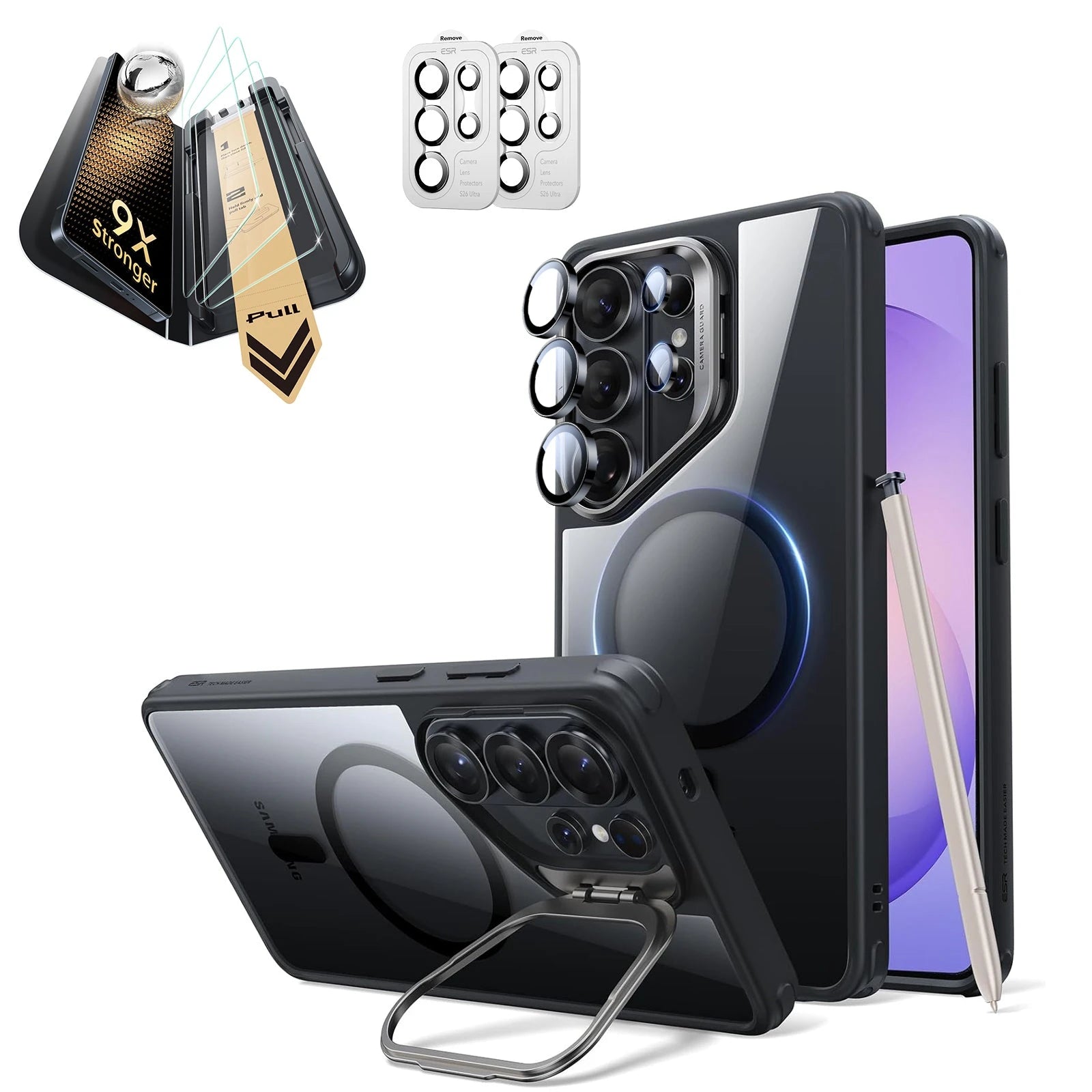 Galaxy S26 Ultra Classic Hybrid Magsafe Case with Stand and Corning Glass Screen Protector Set Clear Black