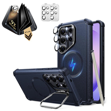 Galaxy S26 Ultra Cyber Tough Magsafe Case with Stand and Corning Glass Privacy Screen Protector Set Blue