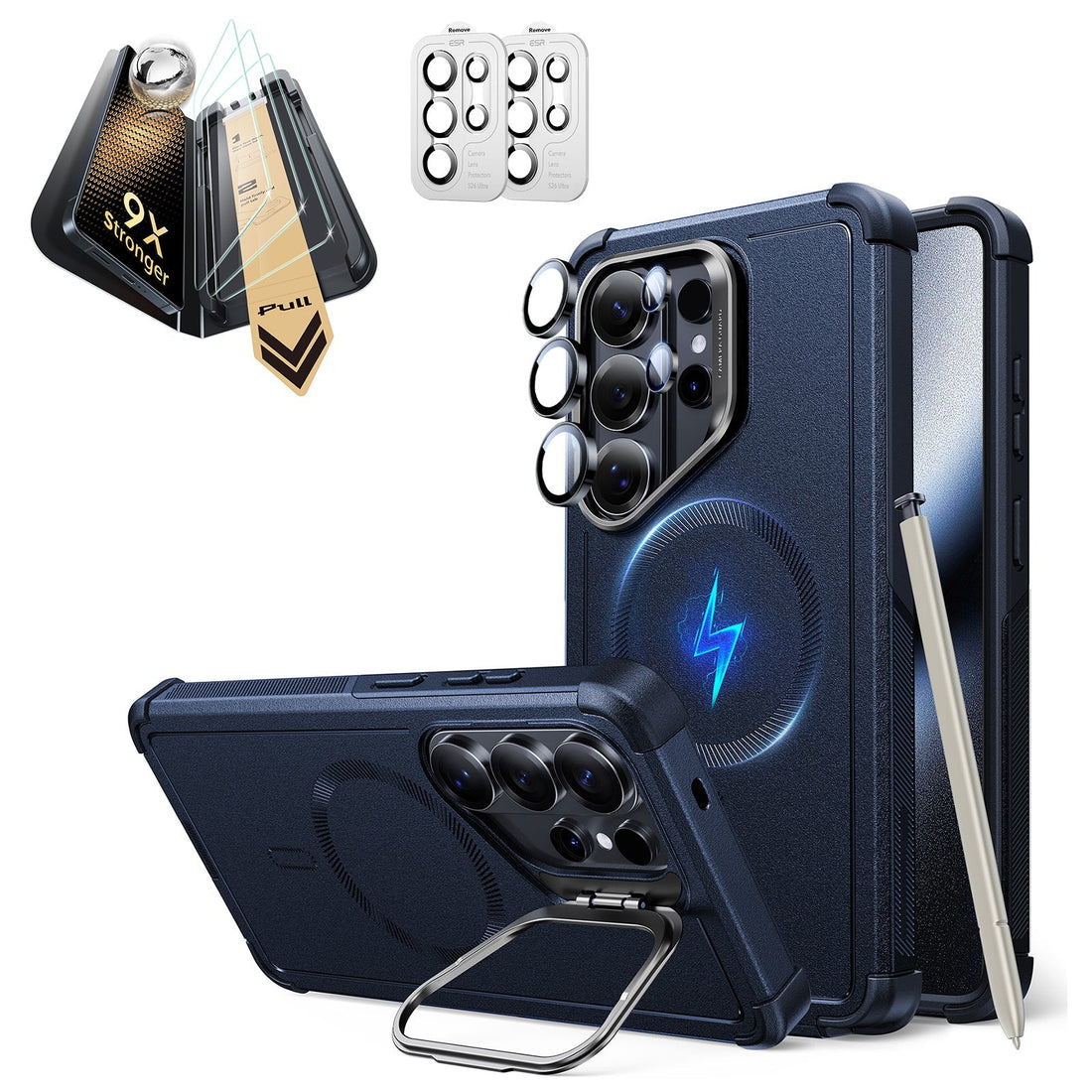 Galaxy S26 Ultra Cyber Tough Magsafe Case with Stand and Corning Glass Screen Protector Set Blue