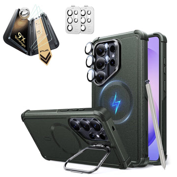 Galaxy S26 Ultra Cyber Tough Magsafe Case with Stand and Corning Glass Screen Protector Set Green