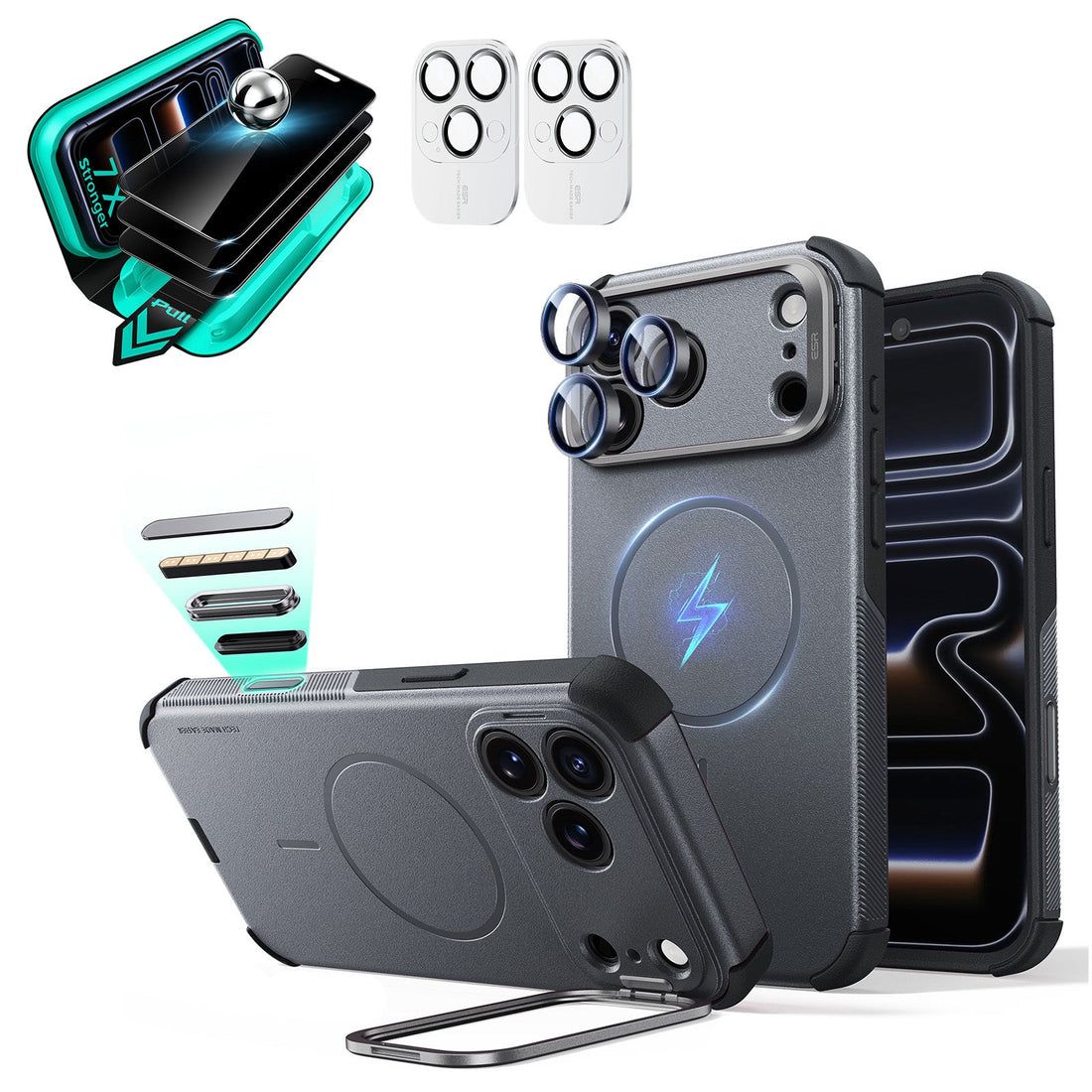 Gray iPhone 18 Pro Max Cyebr Tough Magsafe Phone Case with Stand pair tempered glass privacy screen protector and camera lens protector