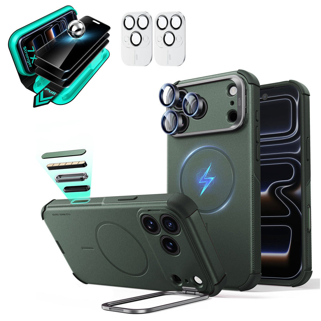 Green iPhone 18 Pro Cyebr Tough Magsafe Phone Case with Stand pair tempered glass privacy screen protector and camera lens protector